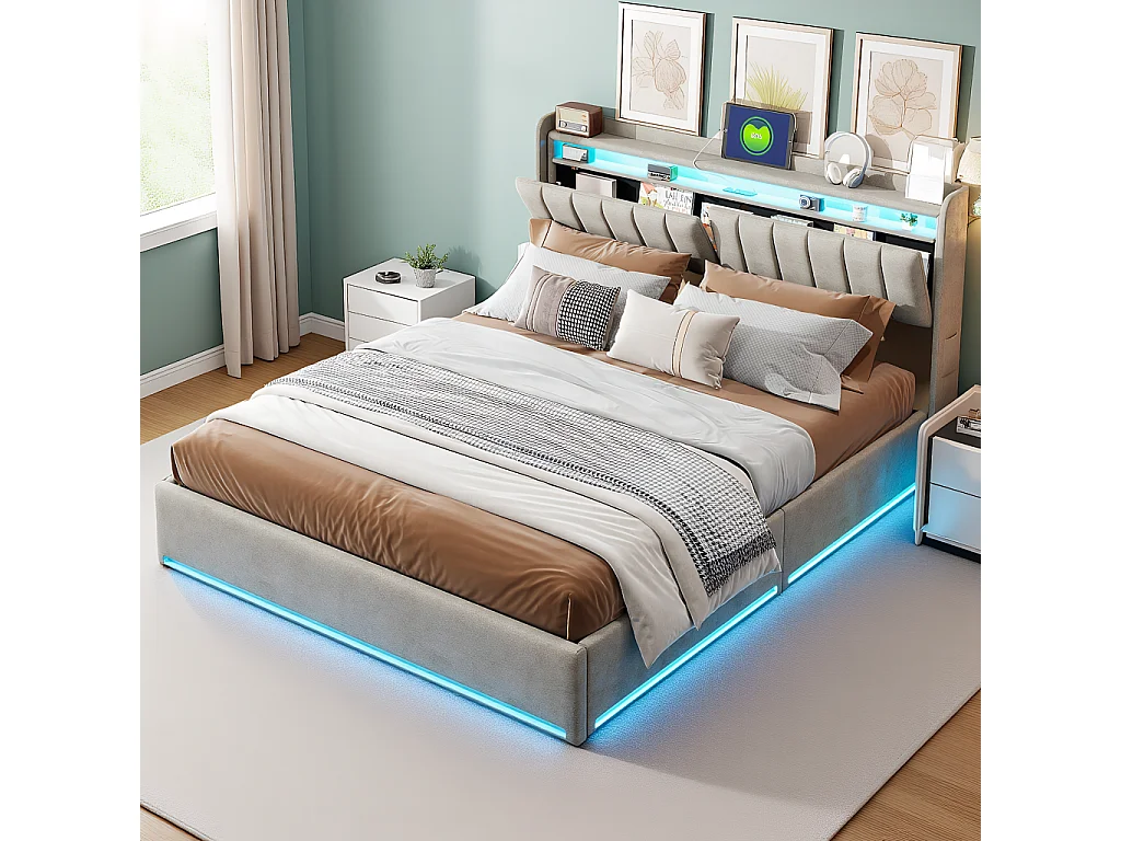 Lit Coffre 160 x 200 cm, avec tête de lit conteneur et LED et USB, Lit rembourré, Lit double avec Sommier en Bois et Velours, Gris