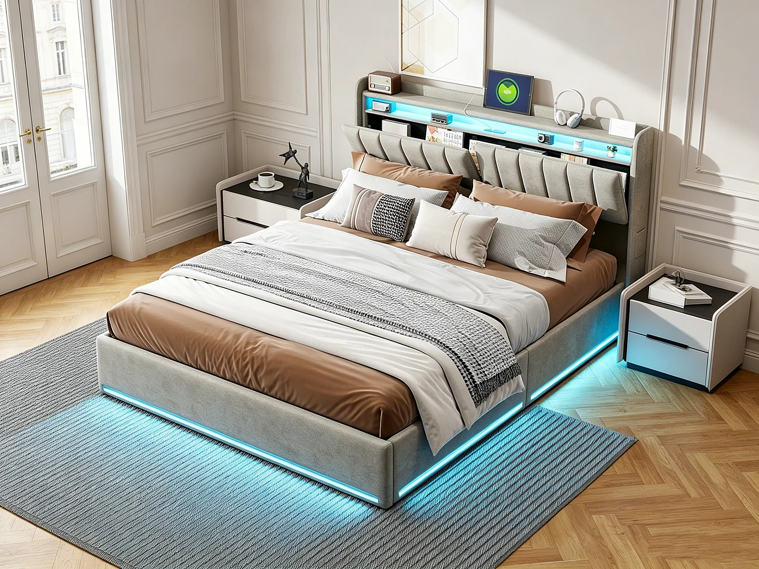 Opbergbed 160 x 200 cm, met hoofdbord, opbergvak, led- en usb-poorten, gestoffeerd bed, tweepersoonsbed met lattenbodem van hout en fluweel, grijs