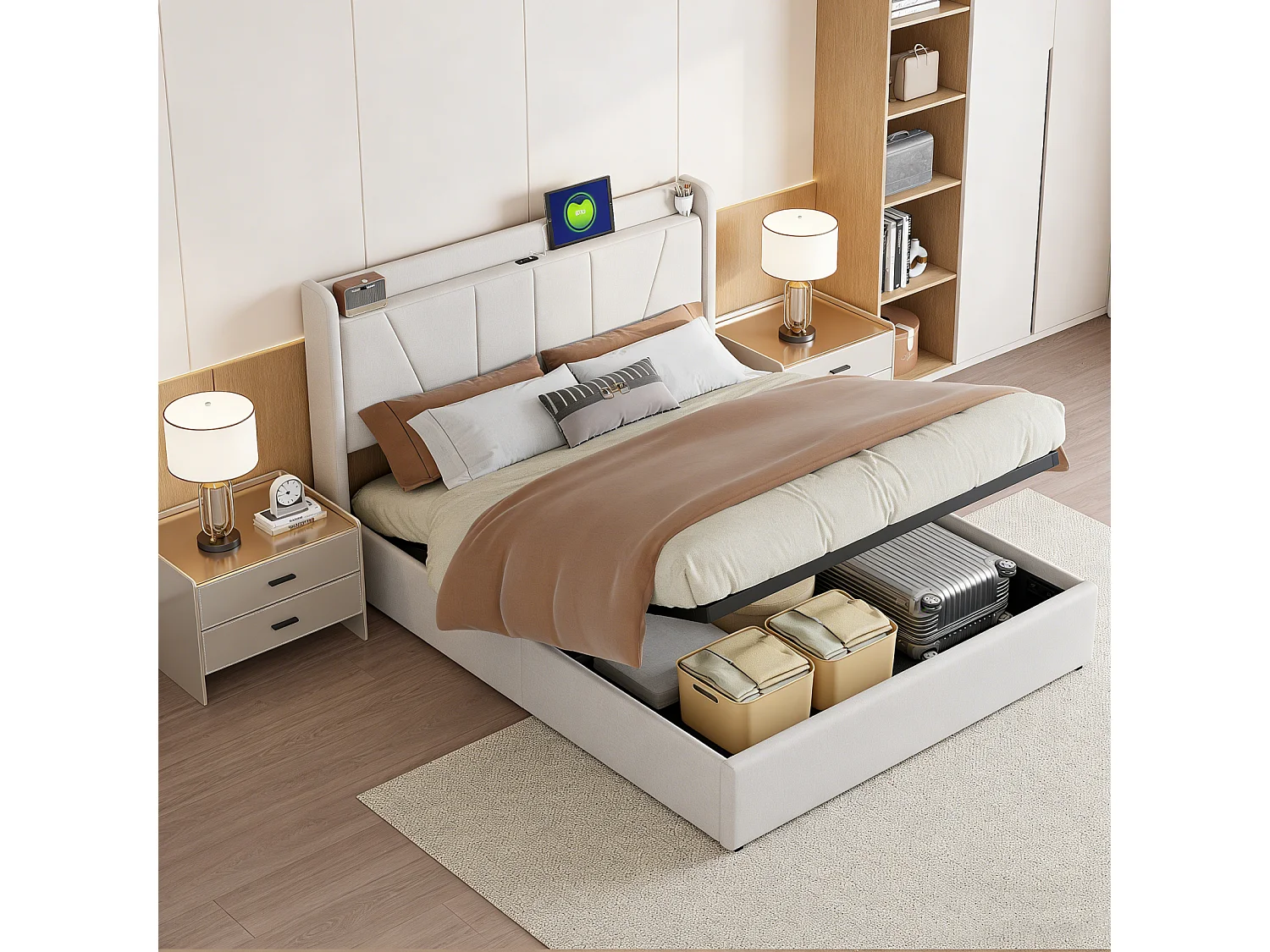 Opbergbed van 140x200 cm met Type-C- en USB-poort, gestoffeerd tweepersoonsbed met lattenbodem, hydraulisch gestoffeerd bed met opbergruimte, linnen, beige