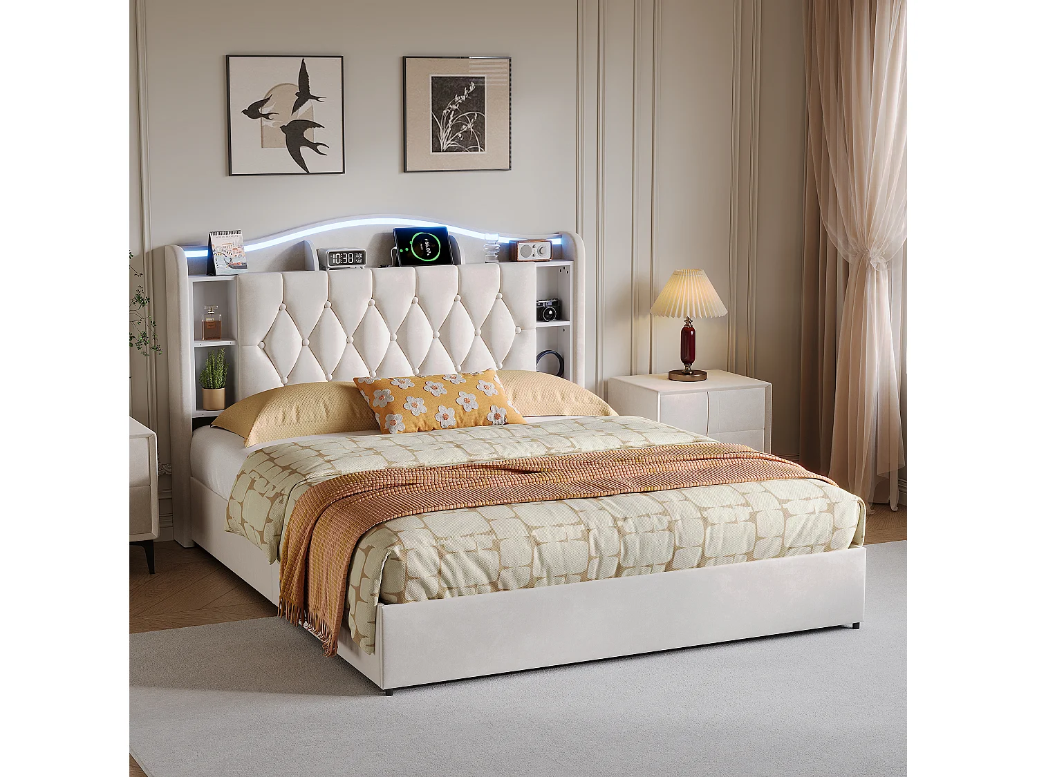 Lit double 160x200cm avec éclairage LED et ports USB - rangement hydraulique - velours - style moderne - beige