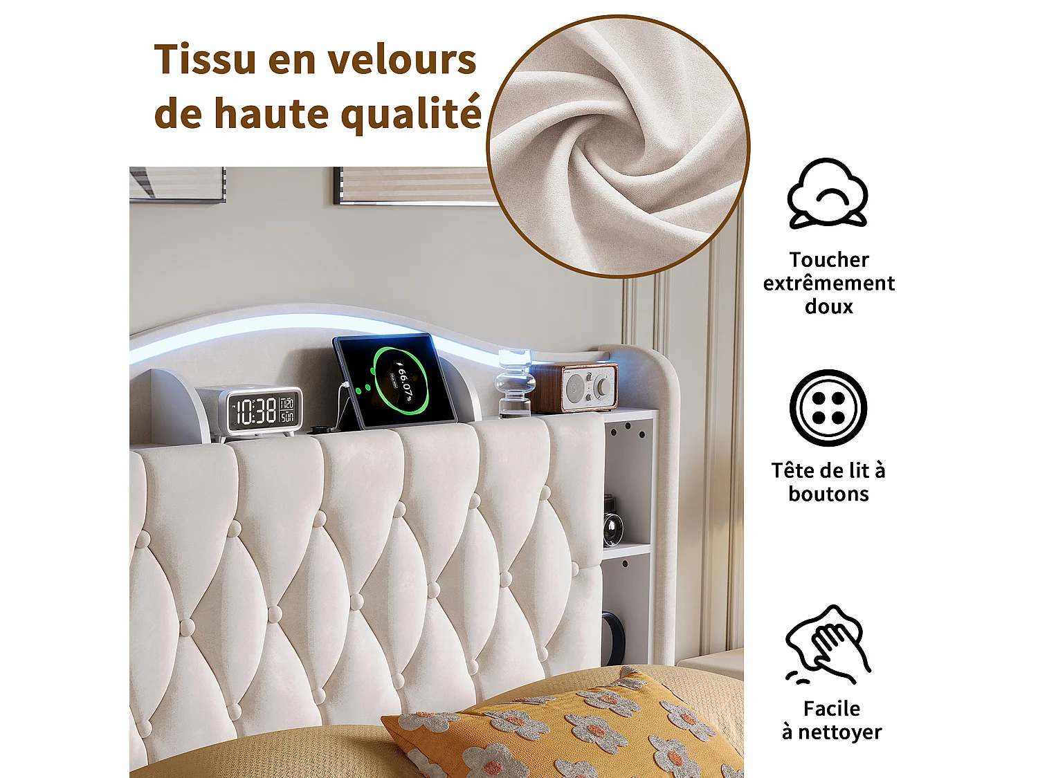 Lit double 160x200cm avec éclairage LED et ports USB - rangement hydraulique - velours - style moderne - beige