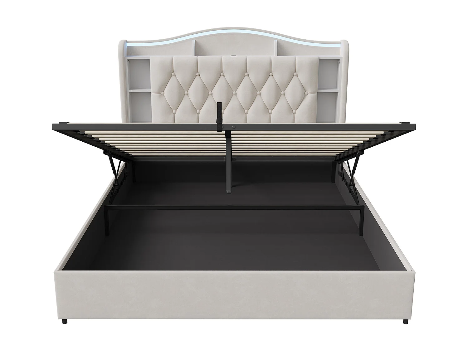 Lit double 160x200cm avec éclairage LED et ports USB - rangement hydraulique - velours - style moderne - beige