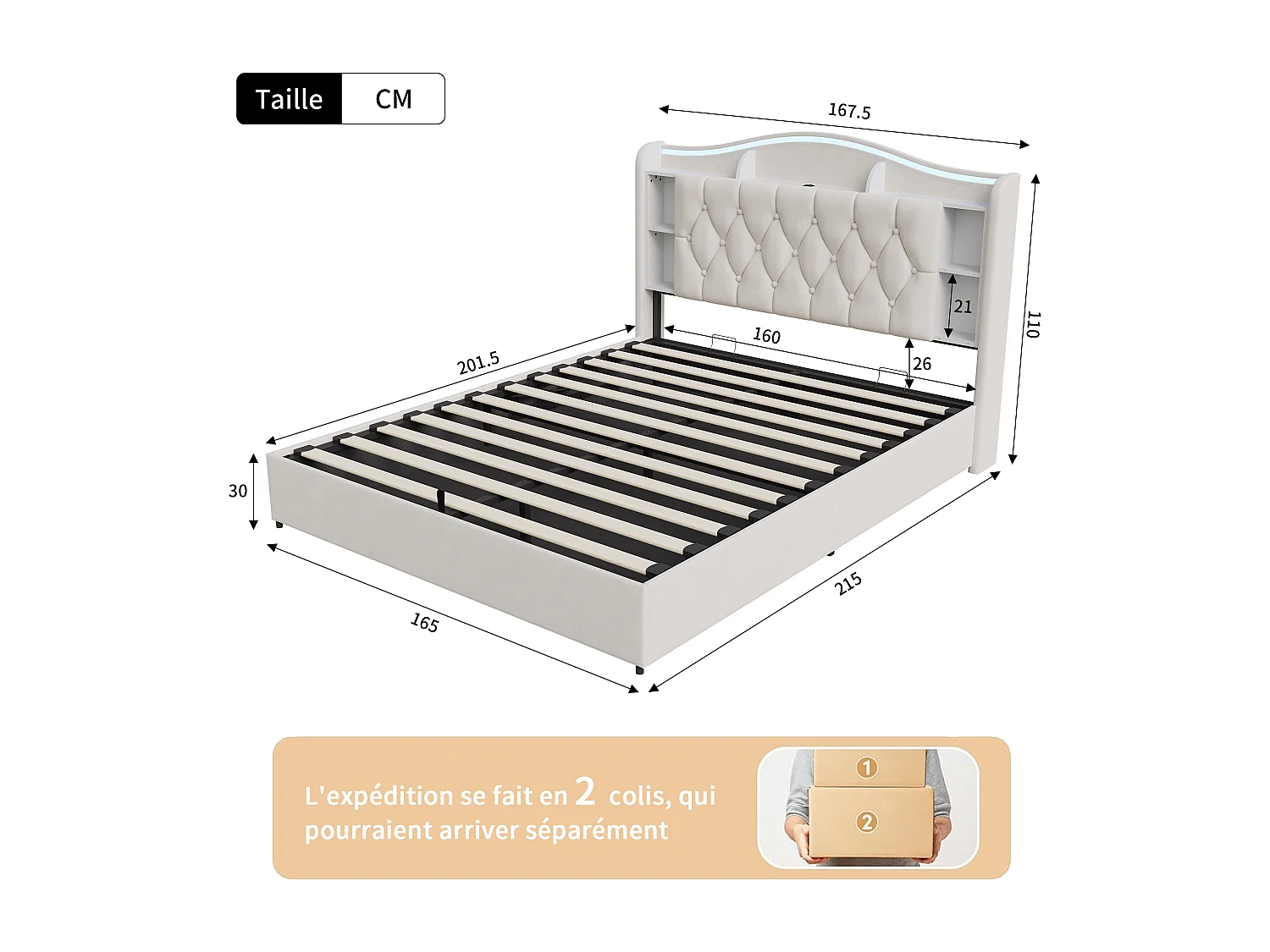 Lit double 160x200cm avec éclairage LED et ports USB - rangement hydraulique - velours - style moderne - beige