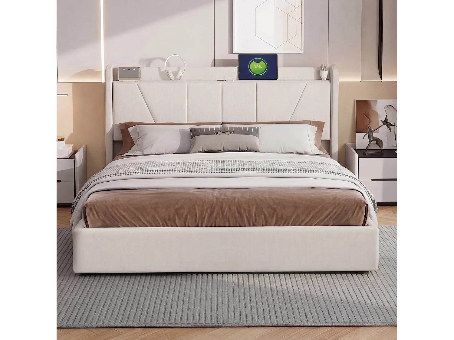 Opbergbed 160x200 met Type-C en USB-poort, gestoffeerd tweepersoonsbed met lattenbodem, hydraulisch gestoffeerd bed met opbergruimte, linnen, beige