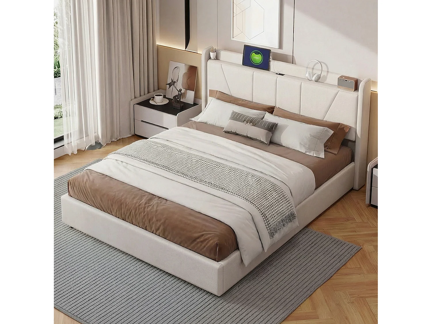 Opbergbed 160x200 met Type-C en USB-poort, gestoffeerd tweepersoonsbed met lattenbodem, hydraulisch gestoffeerd bed met opbergruimte, linnen, beige