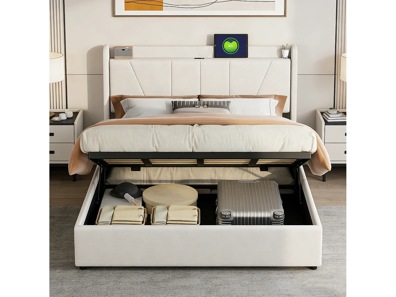 Opbergbed 160x200 met Type-C en USB-poort, gestoffeerd tweepersoonsbed met lattenbodem, hydraulisch gestoffeerd bed met opbergruimte, linnen, beige