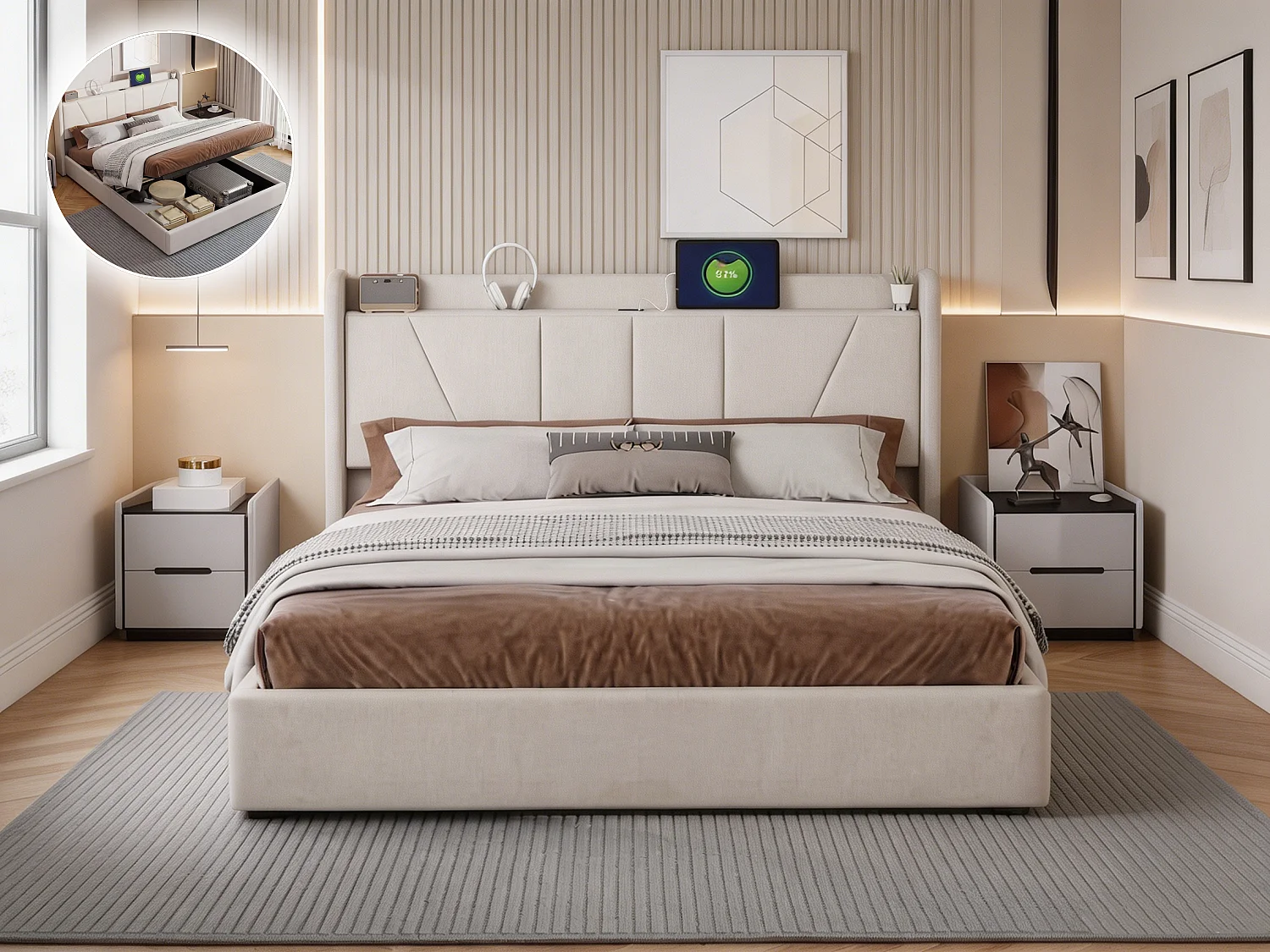 Opbergbed 160x200 met Type-C en USB-poort, gestoffeerd tweepersoonsbed met lattenbodem, hydraulisch gestoffeerd bed met opbergruimte, linnen, beige