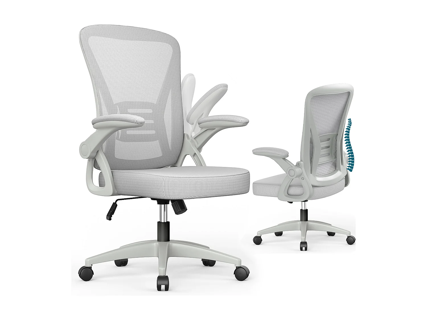 Chaise de bureau ergonomique avec accoudoirs rabattables à 90° et soutien lombaire, chaise de bureau à hauteur réglable avec coussin d'assise rembourré