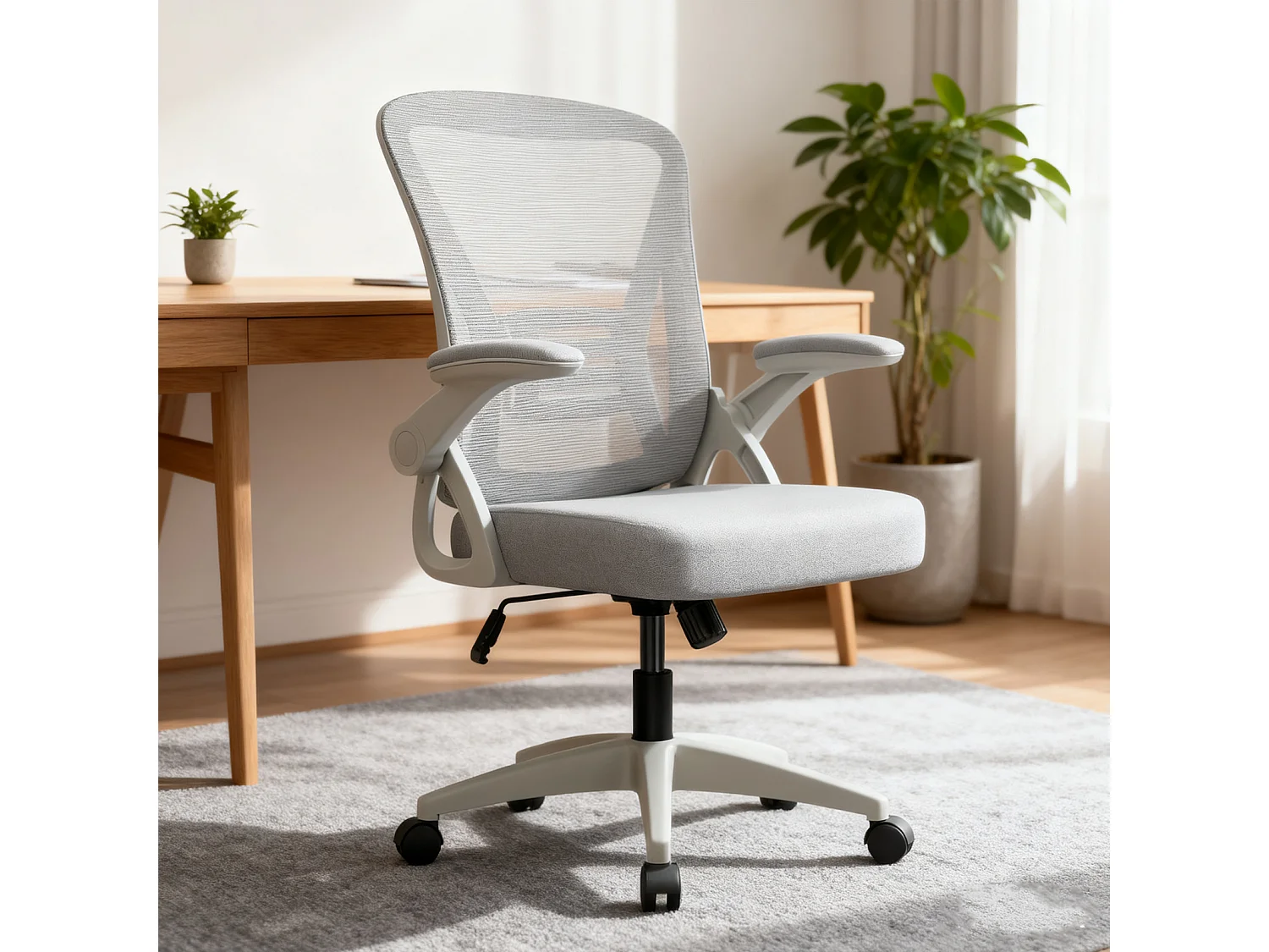 Chaise de bureau ergonomique avec accoudoirs rabattables à 90° et soutien lombaire, chaise de bureau à hauteur réglable avec coussin d'assise rembourré
