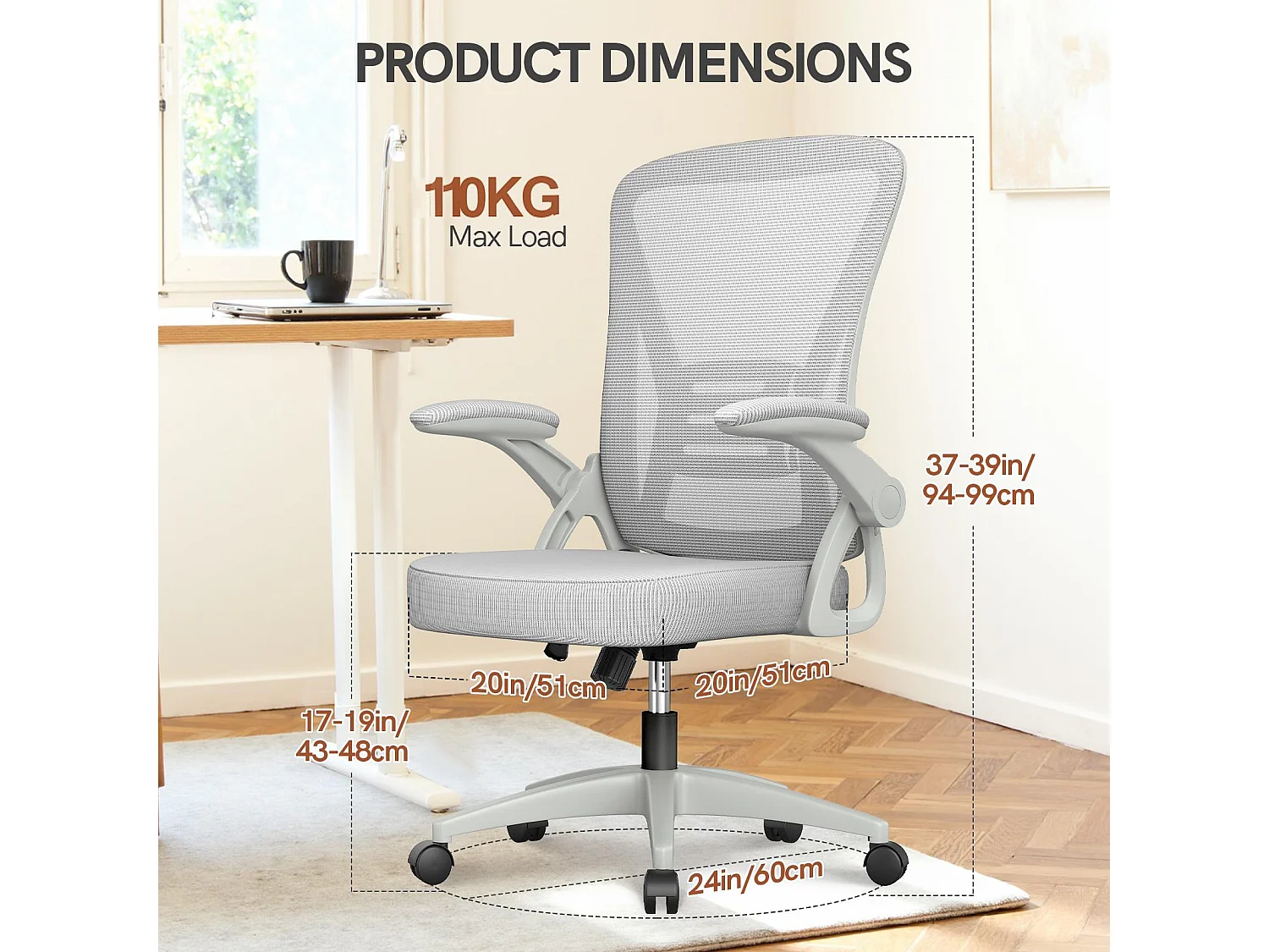 Chaise de bureau ergonomique avec accoudoirs rabattables à 90° et soutien lombaire, chaise de bureau à hauteur réglable avec coussin d'assise rembourré