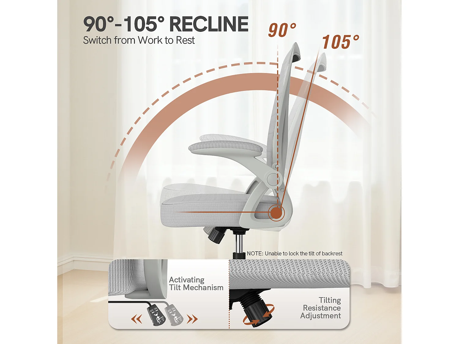 Chaise de bureau ergonomique avec accoudoirs rabattables à 90° et soutien lombaire, chaise de bureau à hauteur réglable avec coussin d'assise rembourré