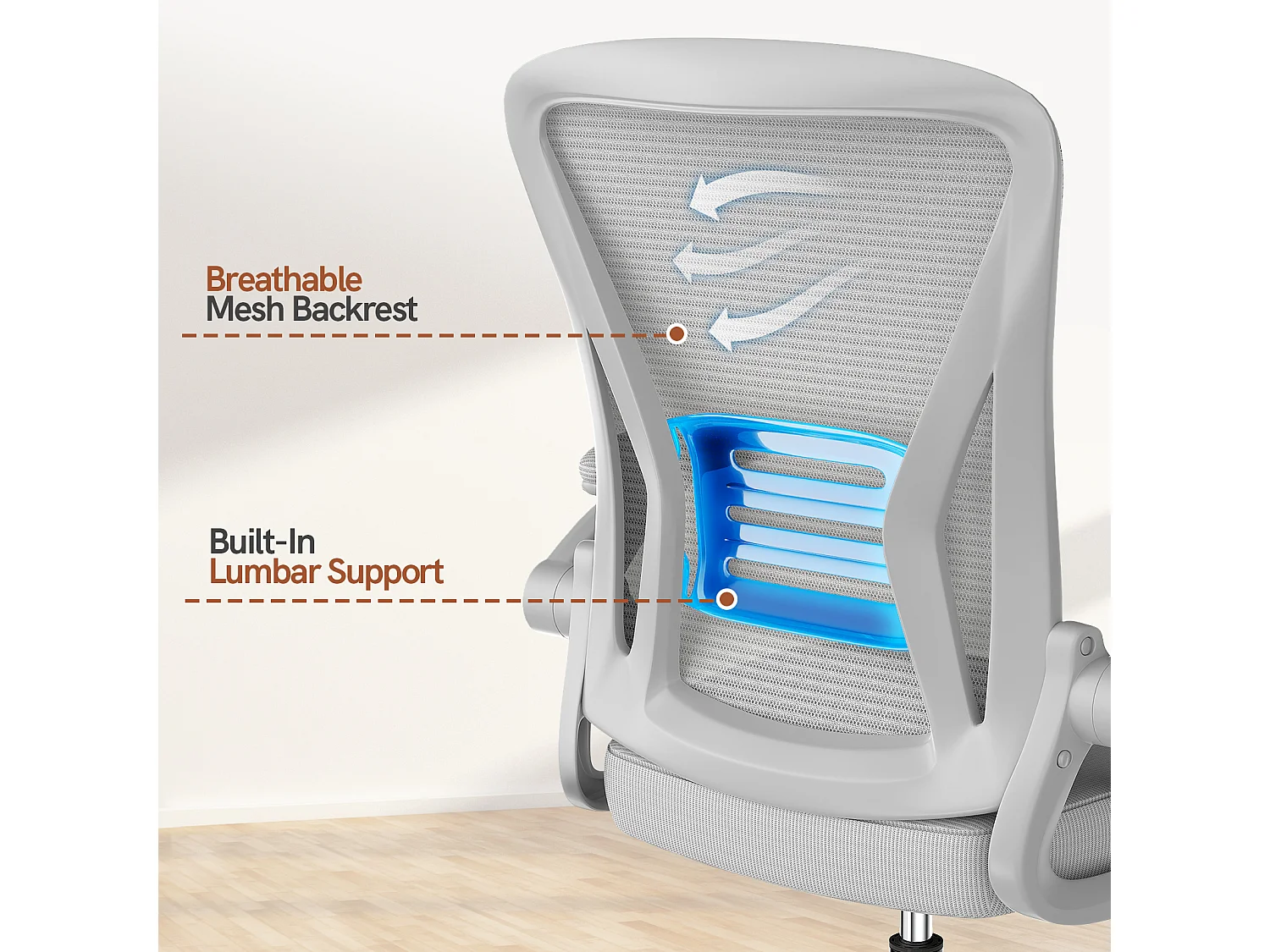 Chaise de bureau ergonomique avec accoudoirs rabattables à 90° et soutien lombaire, chaise de bureau à hauteur réglable avec coussin d'assise rembourré