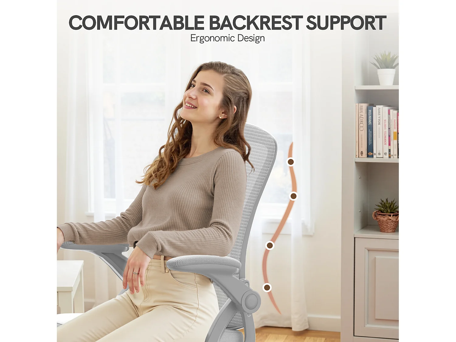 Chaise de bureau ergonomique avec accoudoirs rabattables à 90° et soutien lombaire, chaise de bureau à hauteur réglable avec coussin d'assise rembourré