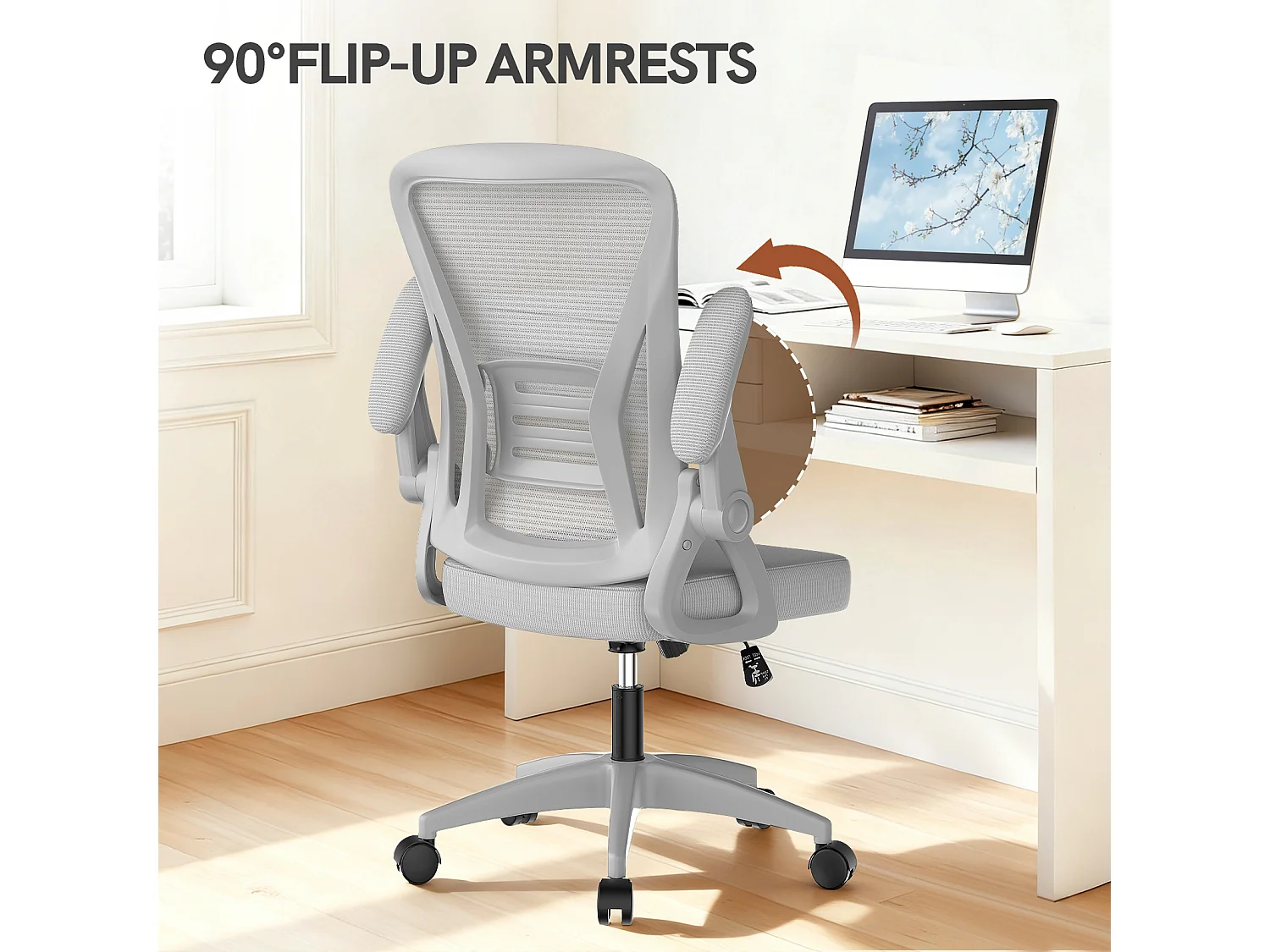 Chaise de bureau ergonomique avec accoudoirs rabattables à 90° et soutien lombaire, chaise de bureau à hauteur réglable avec coussin d'assise rembourré