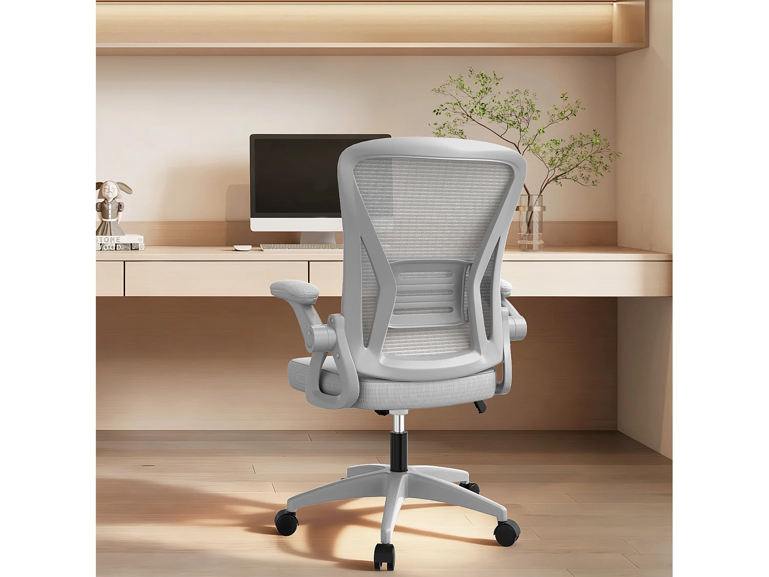 Chaise de bureau ergonomique avec accoudoirs rabattables à 90° et soutien lombaire, chaise de bureau à hauteur réglable avec coussin d'assise rembourré