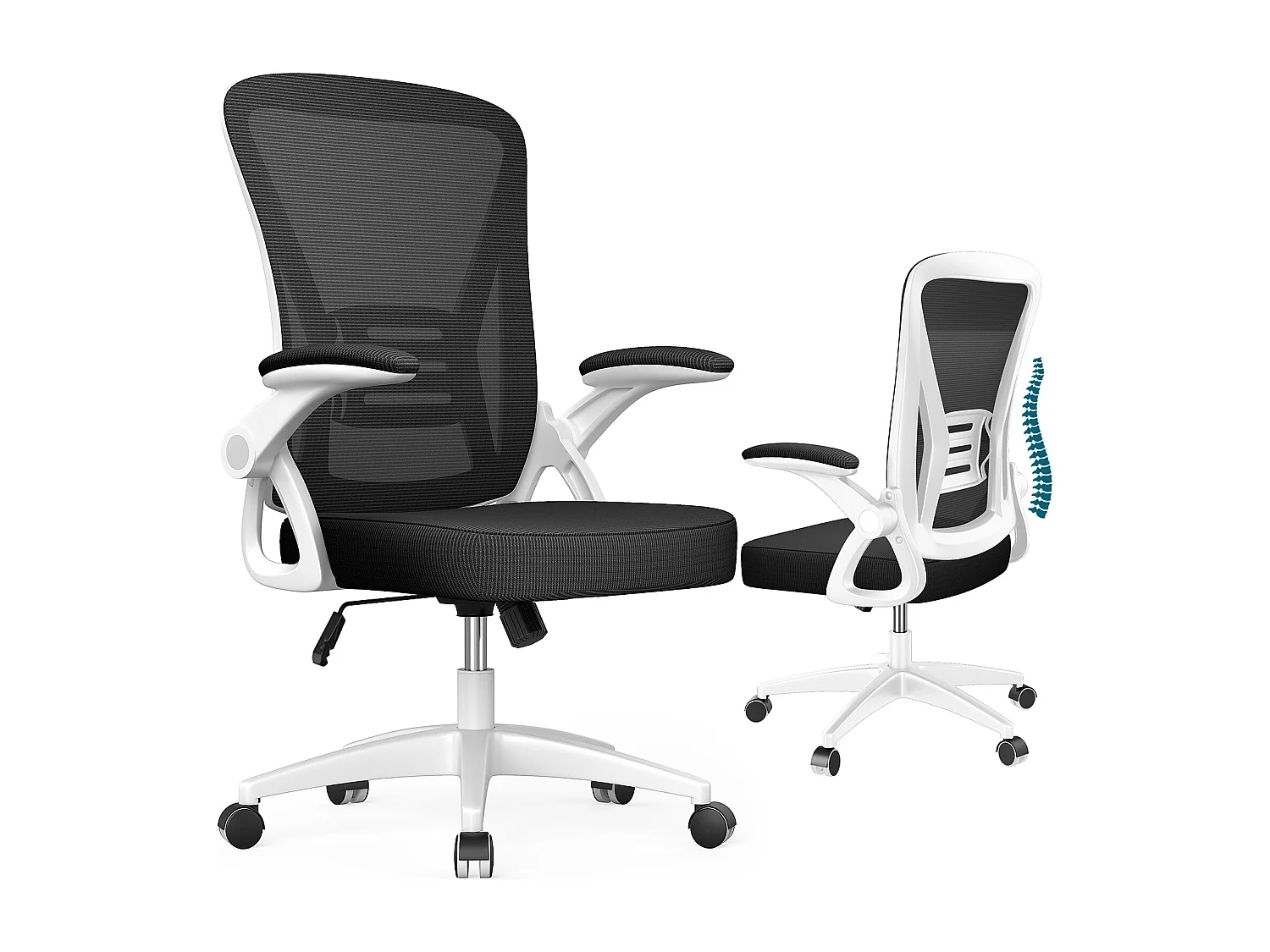 Chaise de bureau ergonomique avec accoudoirs rabattables à 90° et soutien lombaire, chaise de bureau à hauteur réglable avec coussin d'assise rembourré