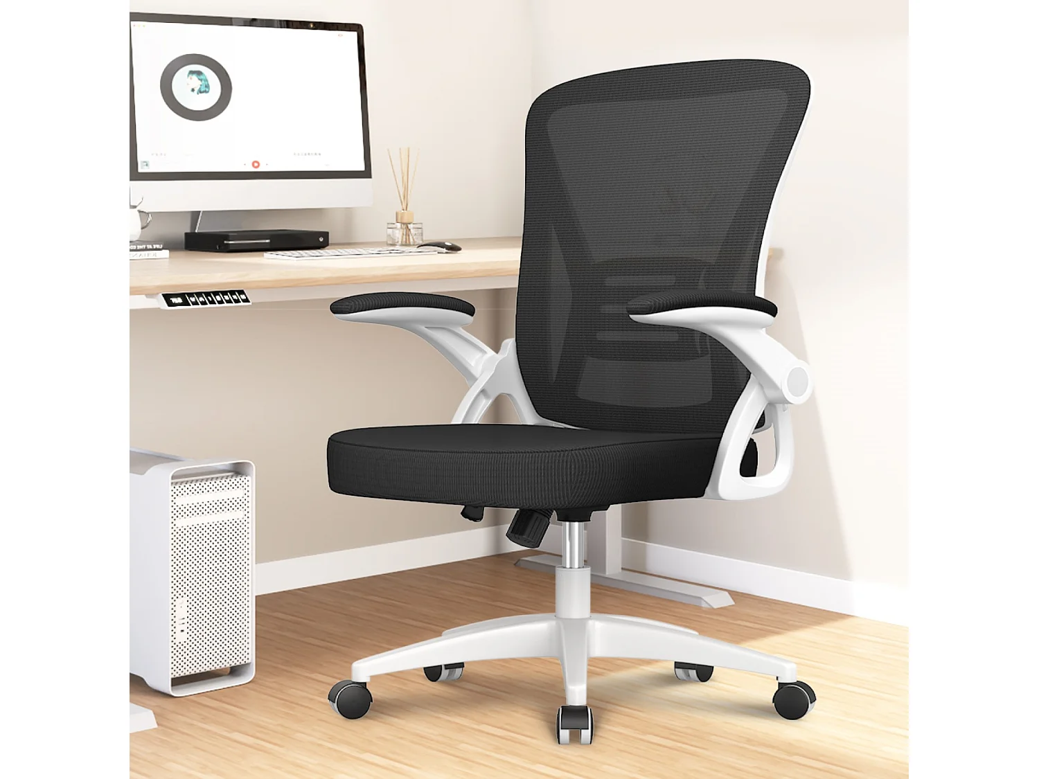 Chaise de bureau ergonomique avec accoudoirs rabattables à 90° et soutien lombaire, chaise de bureau à hauteur réglable avec coussin d'assise rembourré