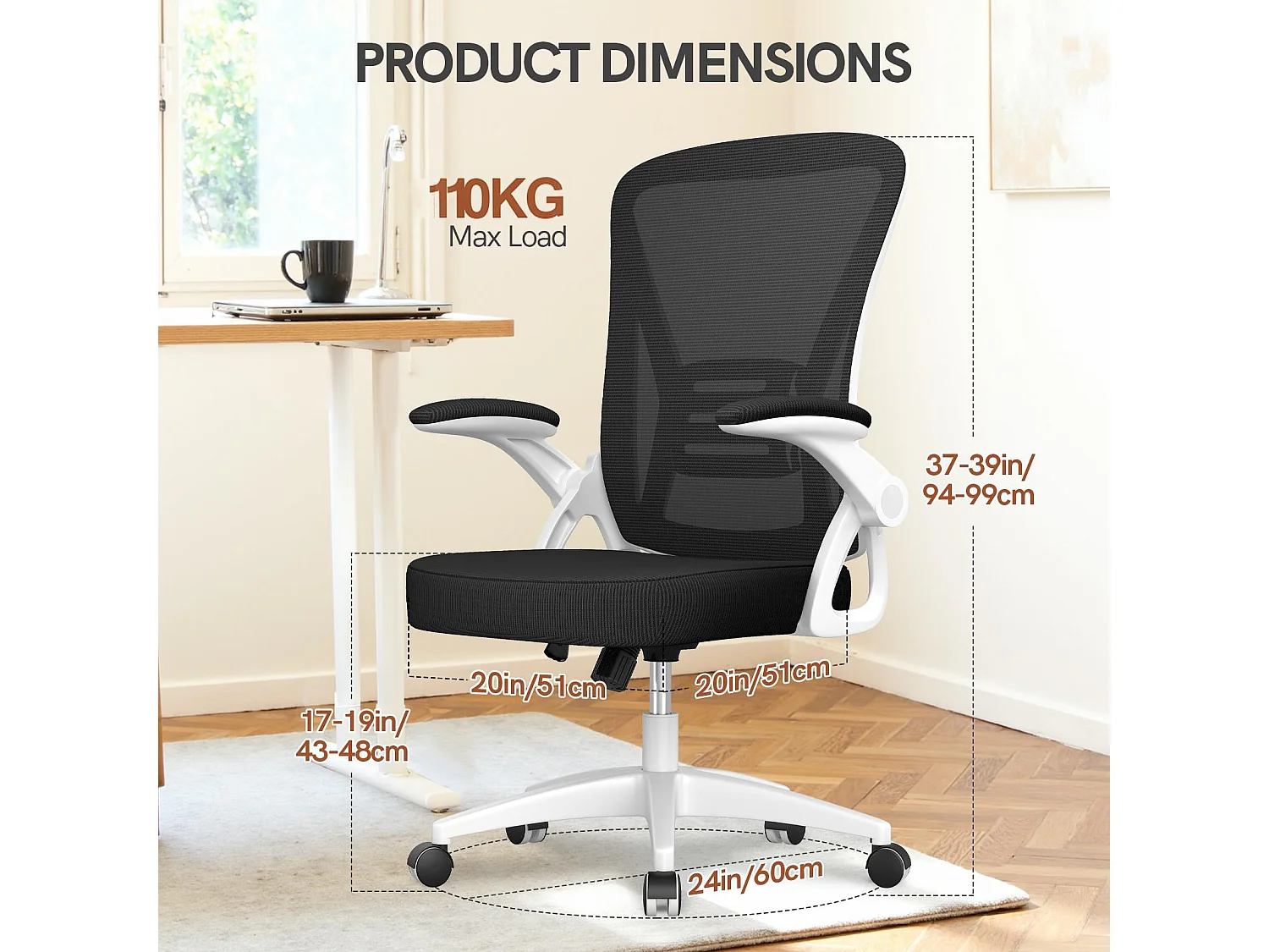 Chaise de bureau ergonomique avec accoudoirs rabattables à 90° et soutien lombaire, chaise de bureau à hauteur réglable avec coussin d'assise rembourré