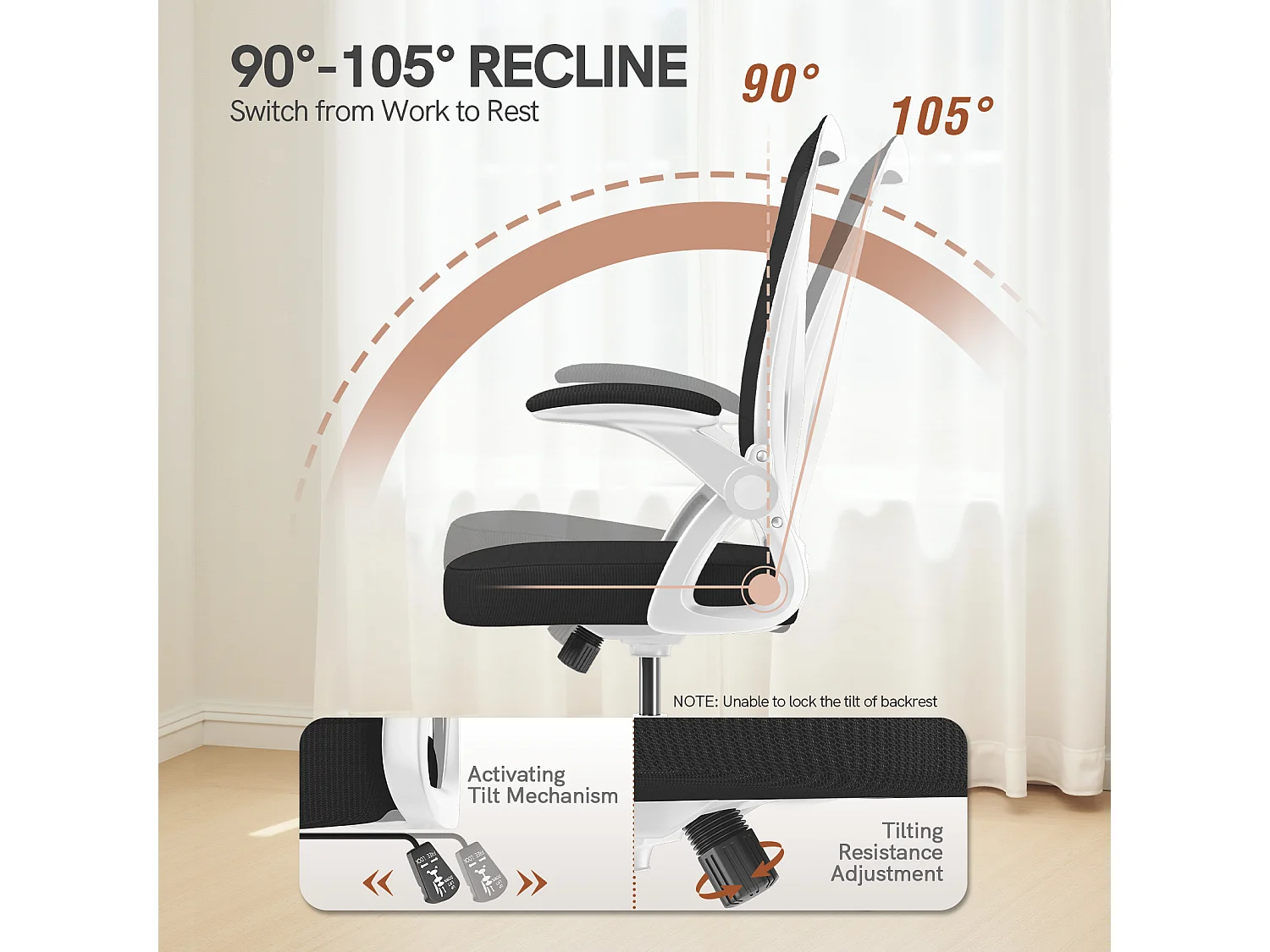 Chaise de bureau ergonomique avec accoudoirs rabattables à 90° et soutien lombaire, chaise de bureau à hauteur réglable avec coussin d'assise rembourré