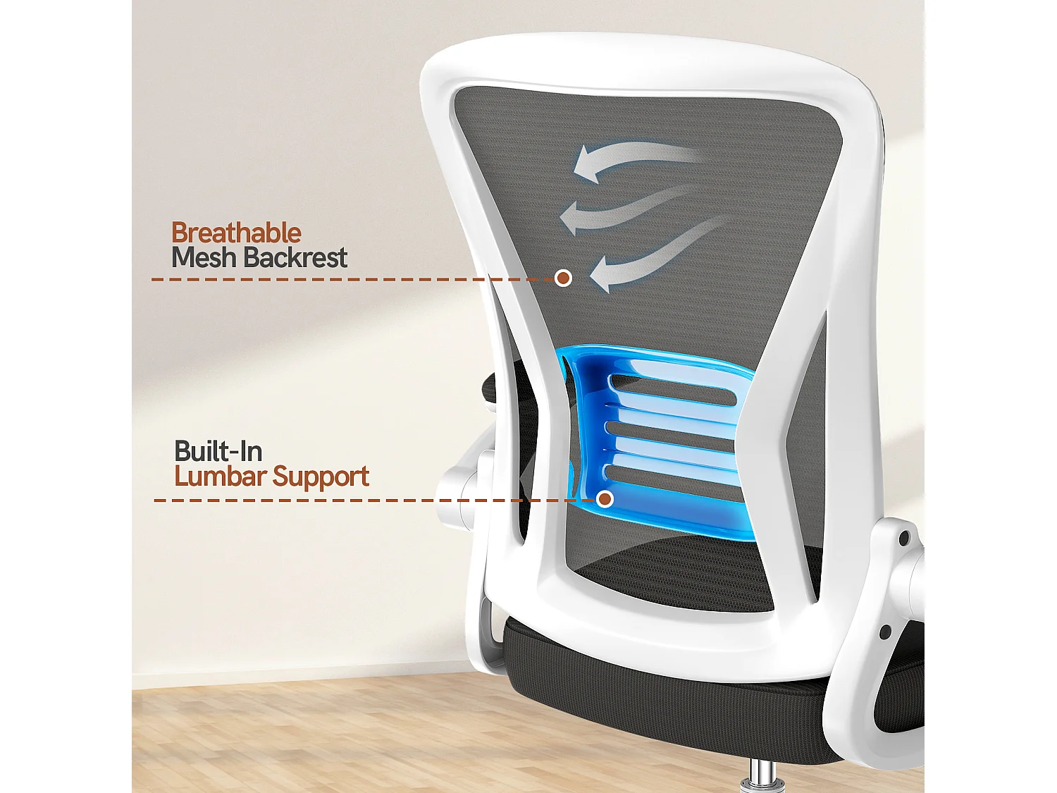 Chaise de bureau ergonomique avec accoudoirs rabattables à 90° et soutien lombaire, chaise de bureau à hauteur réglable avec coussin d'assise rembourré