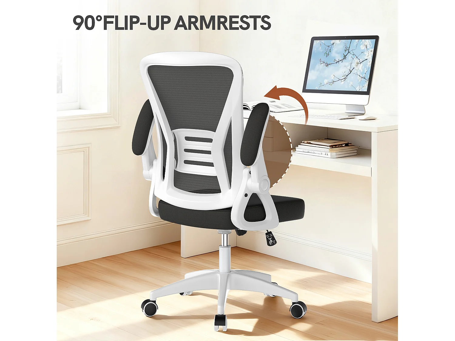 Chaise de bureau ergonomique avec accoudoirs rabattables à 90° et soutien lombaire, chaise de bureau à hauteur réglable avec coussin d'assise rembourré