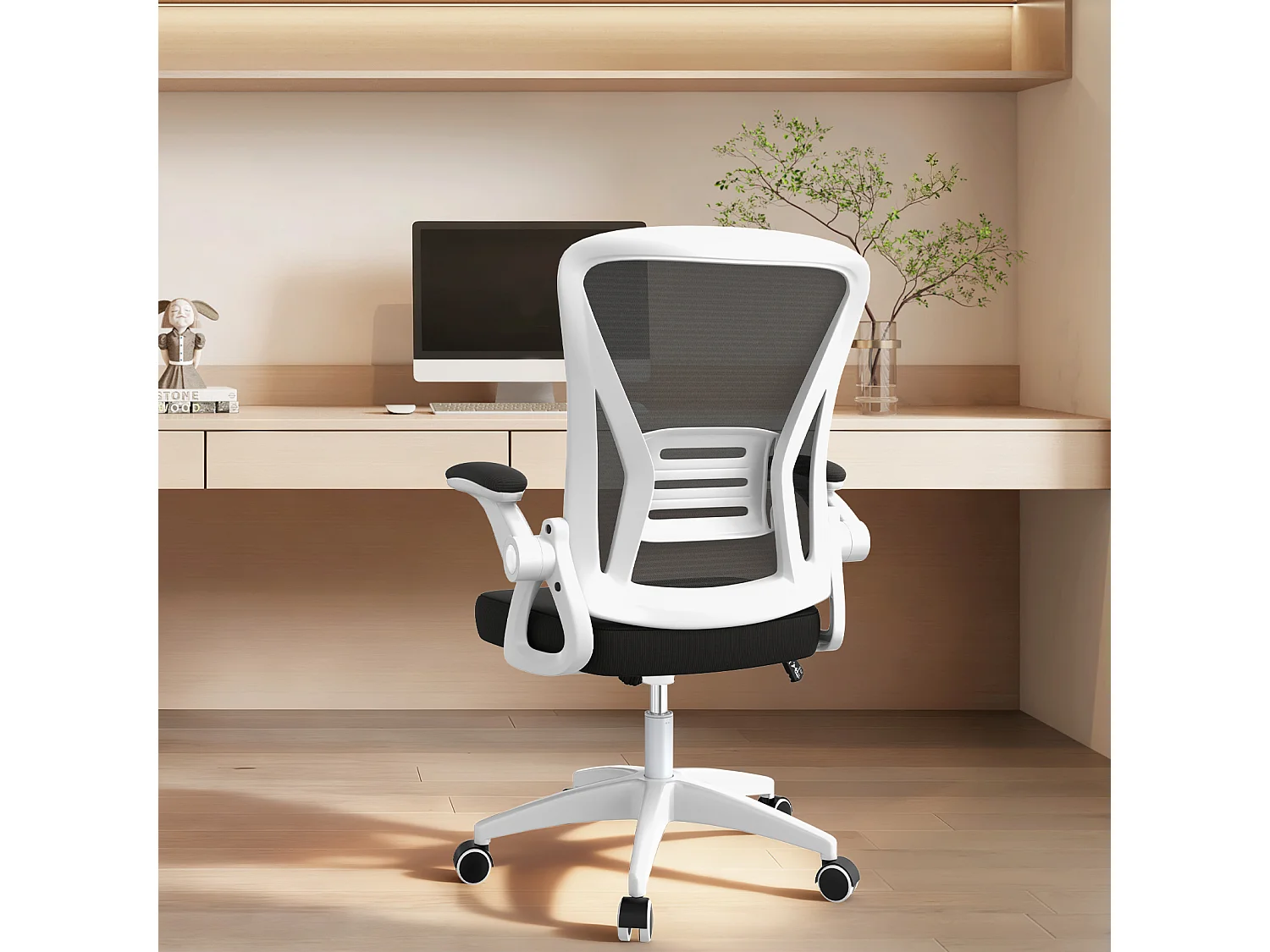 Chaise de bureau ergonomique avec accoudoirs rabattables à 90° et soutien lombaire, chaise de bureau à hauteur réglable avec coussin d'assise rembourré