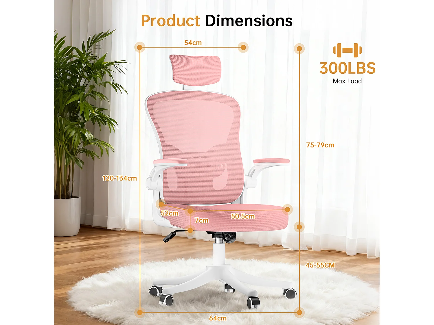 Chaise de bureau ergonomique avec hauteur réglable, appui-tête, accoudoirs rabattables et soutien lombaire