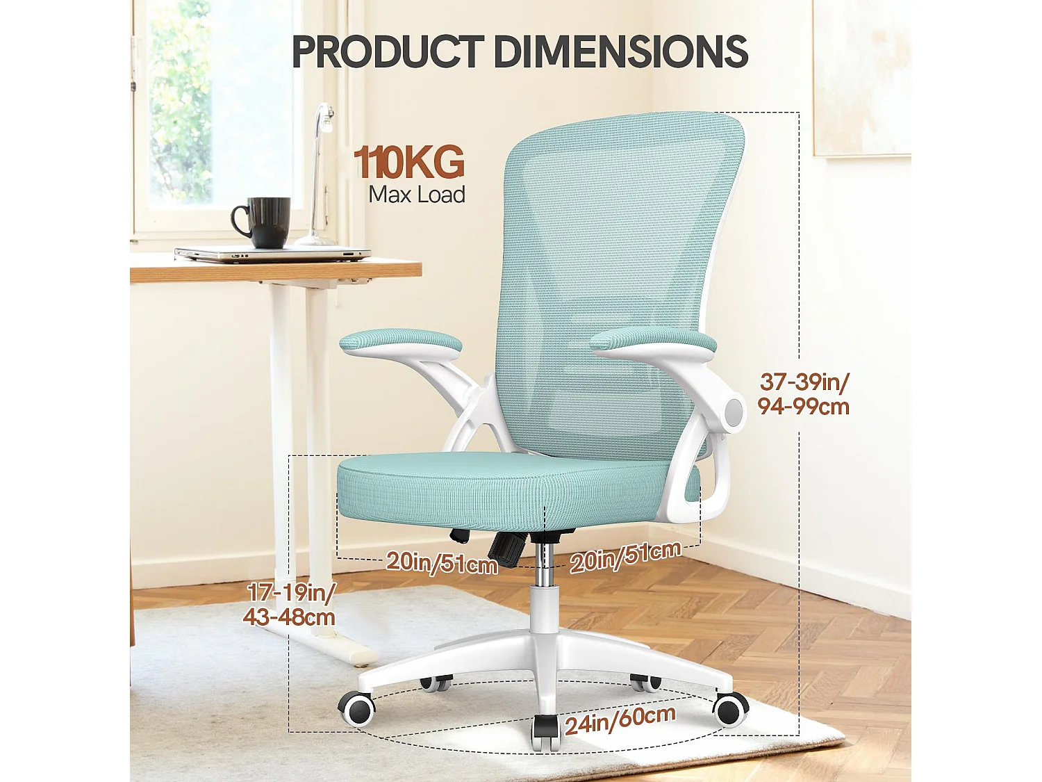 Chaise de bureau ergonomique avec accoudoirs rabattables à 90° et soutien lombaire, chaise de bureau à hauteur réglable avec coussin d'assise rembourré