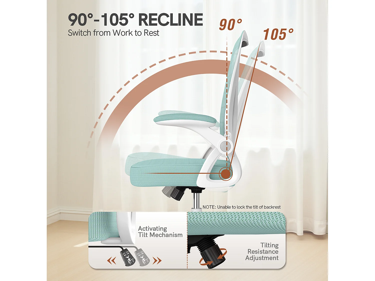 Chaise de bureau ergonomique avec accoudoirs rabattables à 90° et soutien lombaire, chaise de bureau à hauteur réglable avec coussin d'assise rembourré