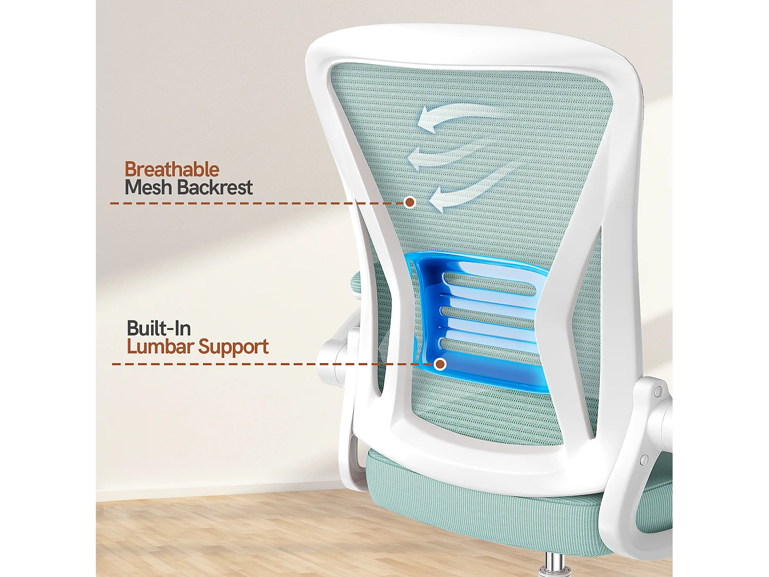 Chaise de bureau ergonomique avec accoudoirs rabattables à 90° et soutien lombaire, chaise de bureau à hauteur réglable avec coussin d'assise rembourré
