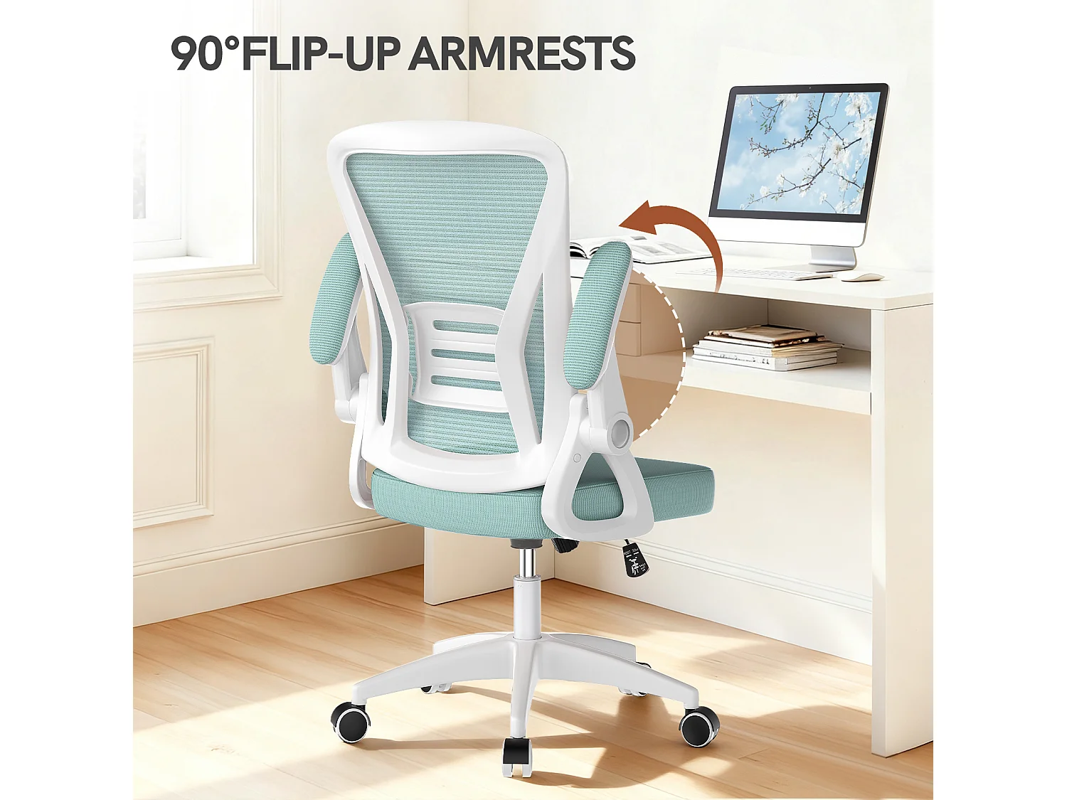 Chaise de bureau ergonomique avec accoudoirs rabattables à 90° et soutien lombaire, chaise de bureau à hauteur réglable avec coussin d'assise rembourré