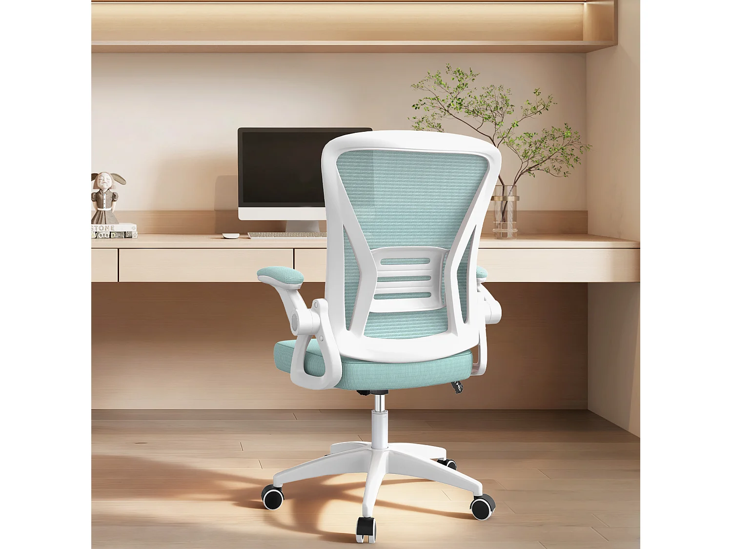 Chaise de bureau ergonomique avec accoudoirs rabattables à 90° et soutien lombaire, chaise de bureau à hauteur réglable avec coussin d'assise rembourré