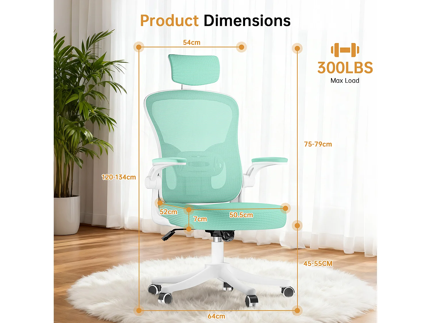 Chaise de bureau ergonomique avec hauteur réglable, appui-tête, accoudoirs rabattables et soutien lombaire