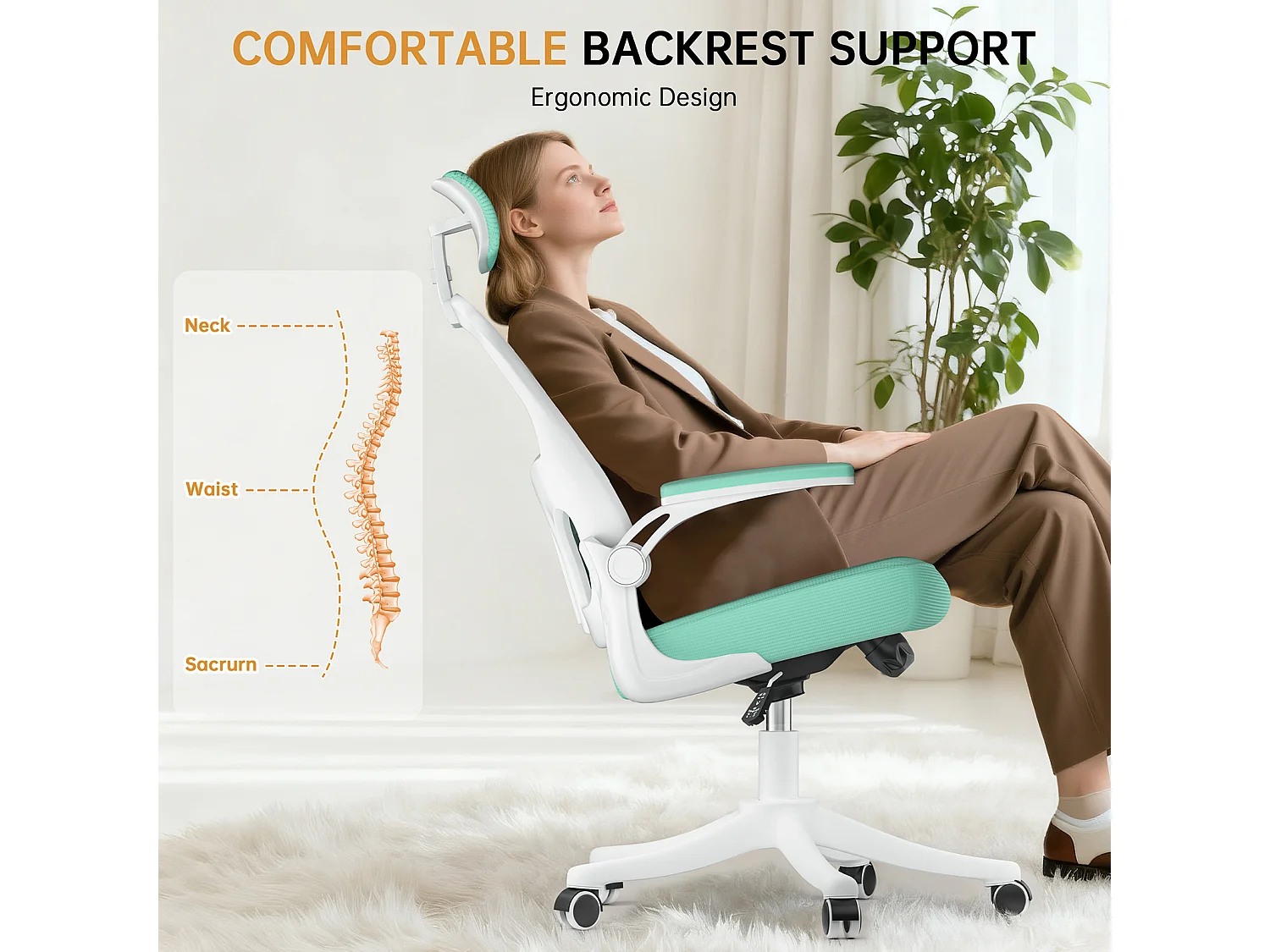 Chaise de bureau ergonomique avec hauteur réglable, appui-tête, accoudoirs rabattables et soutien lombaire