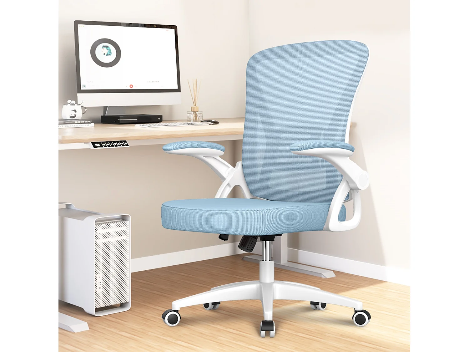 Chaise de bureau ergonomique avec accoudoirs rabattables à 90° et soutien lombaire, chaise de bureau à hauteur réglable avec coussin d'assise rembourré