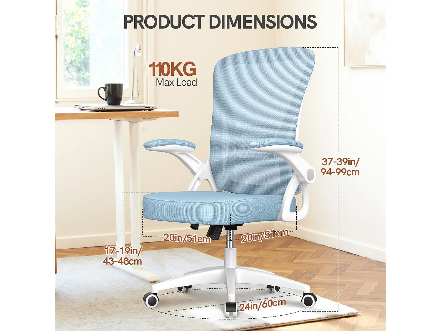 Chaise de bureau ergonomique avec accoudoirs rabattables à 90° et soutien lombaire, chaise de bureau à hauteur réglable avec coussin d'assise rembourré