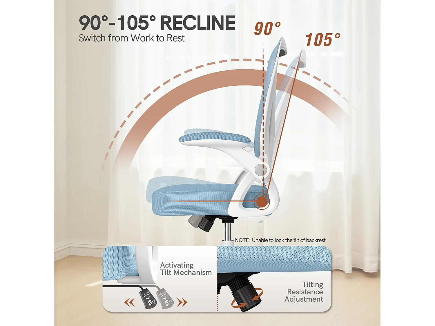 Chaise de bureau ergonomique avec accoudoirs rabattables à 90° et soutien lombaire, chaise de bureau à hauteur réglable avec coussin d'assise rembourré