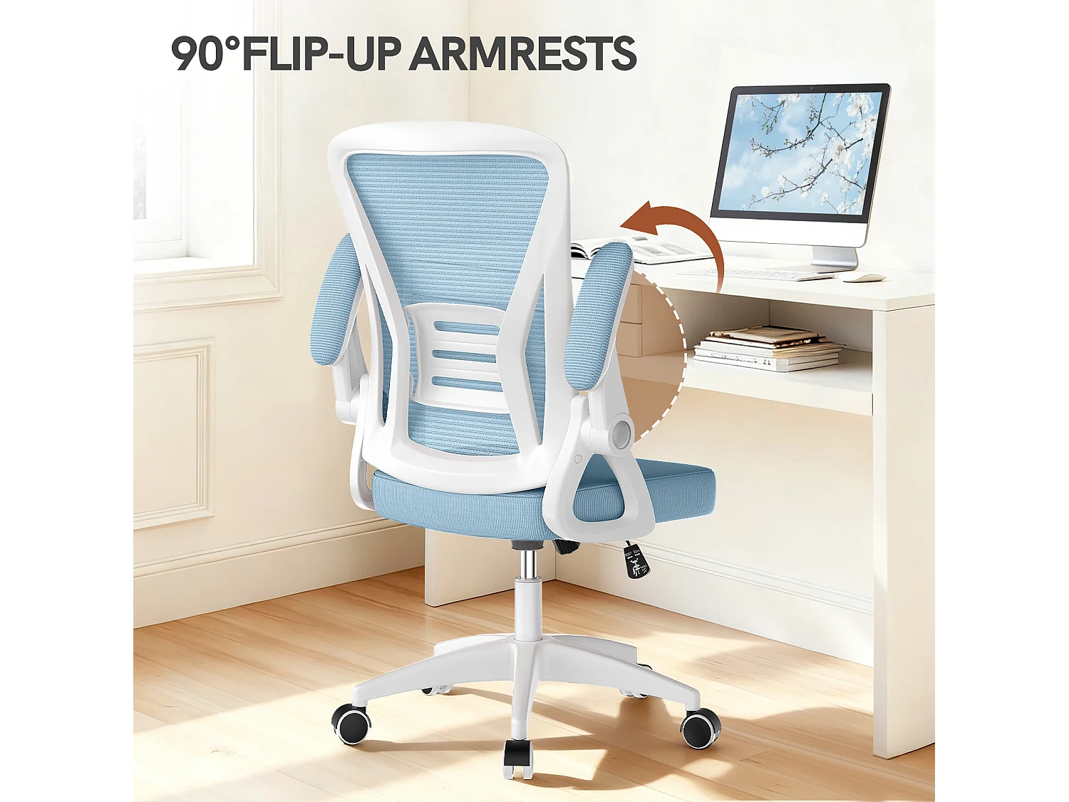 Chaise de bureau ergonomique avec accoudoirs rabattables à 90° et soutien lombaire, chaise de bureau à hauteur réglable avec coussin d'assise rembourré