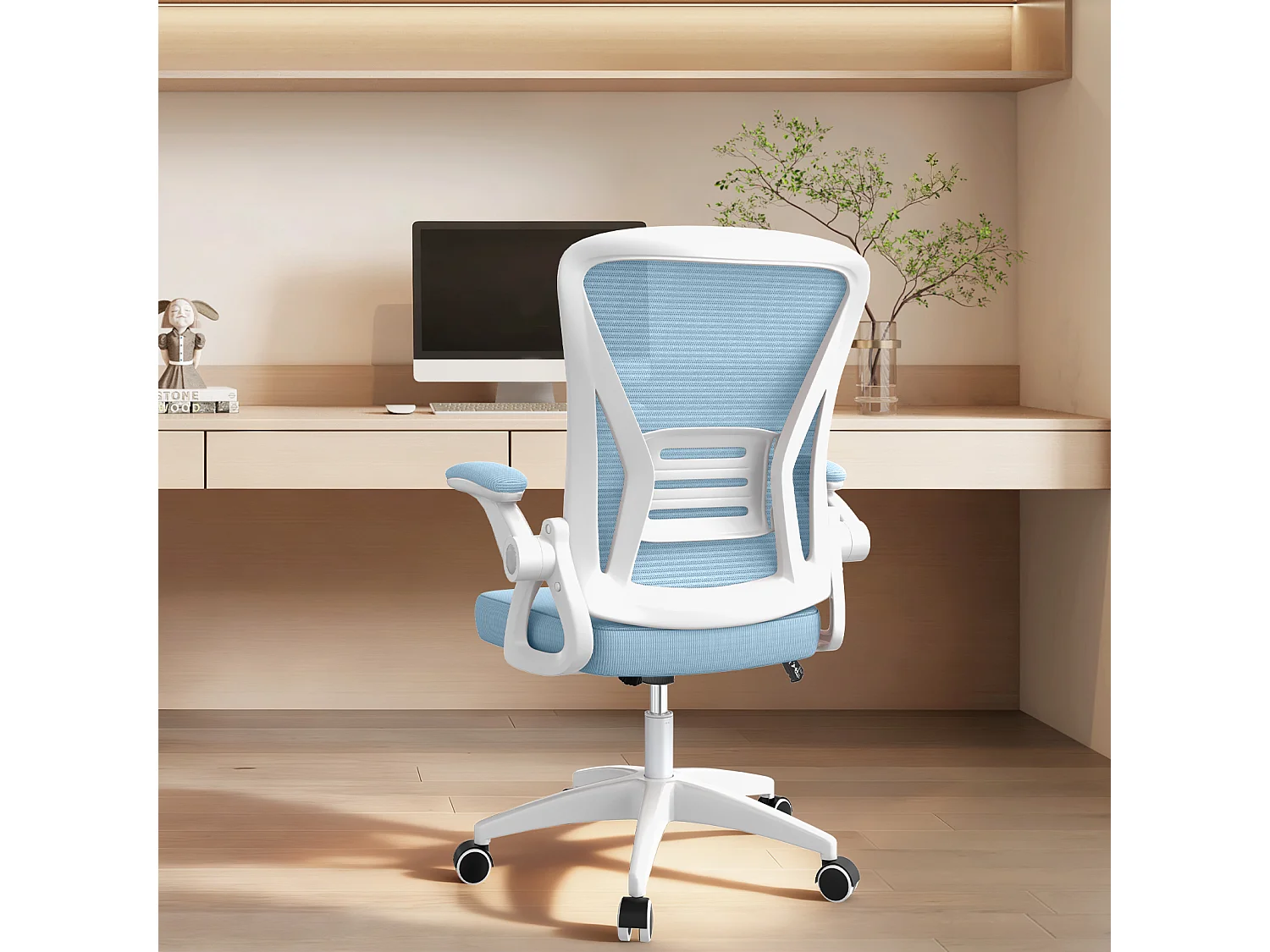 Chaise de bureau ergonomique avec accoudoirs rabattables à 90° et soutien lombaire, chaise de bureau à hauteur réglable avec coussin d'assise rembourré