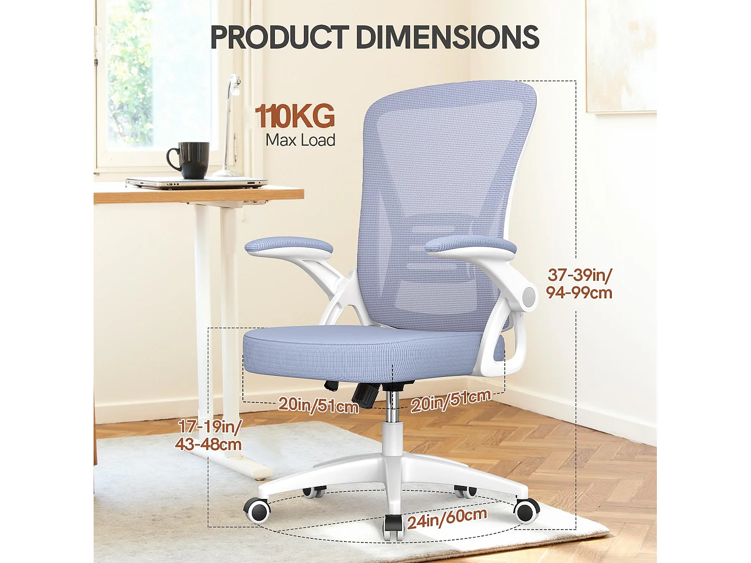 Chaise de bureau ergonomique avec accoudoirs rabattables à 90° et soutien lombaire, chaise de bureau à hauteur réglable avec coussin d'assise rembourré