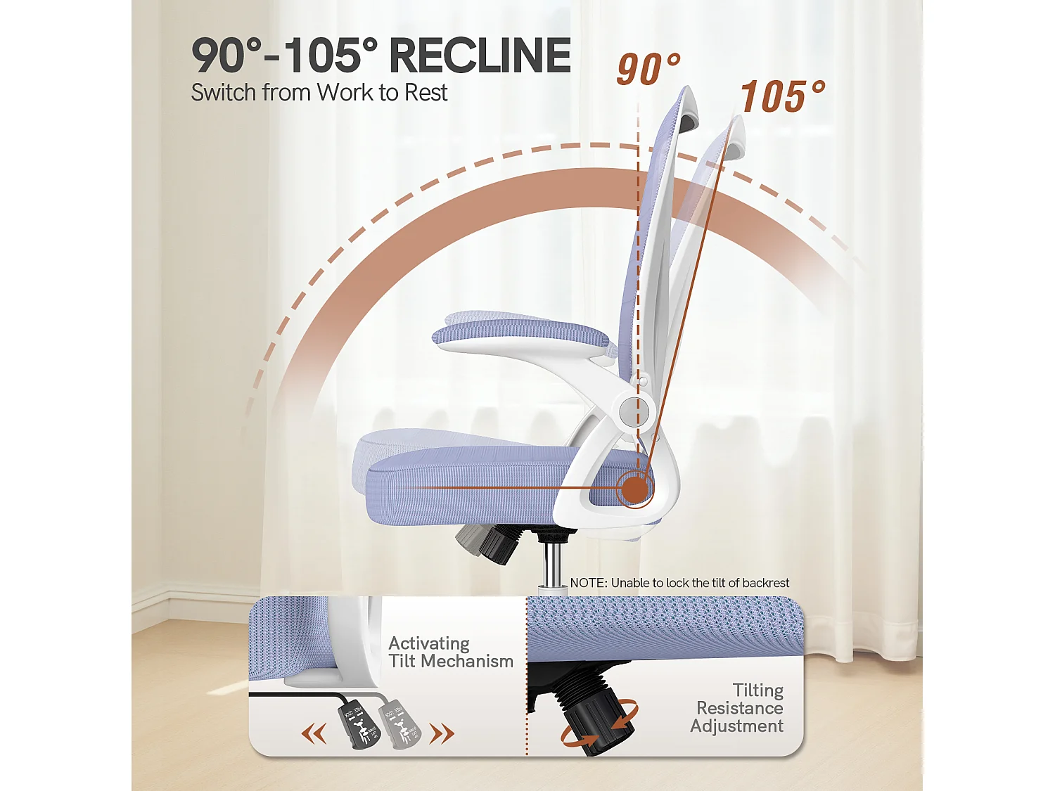 Chaise de bureau ergonomique avec accoudoirs rabattables à 90° et soutien lombaire, chaise de bureau à hauteur réglable avec coussin d'assise rembourré