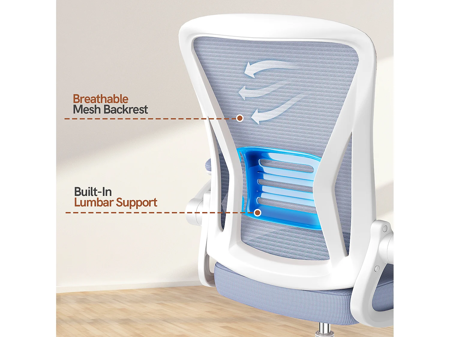 Chaise de bureau ergonomique avec accoudoirs rabattables à 90° et soutien lombaire, chaise de bureau à hauteur réglable avec coussin d'assise rembourré
