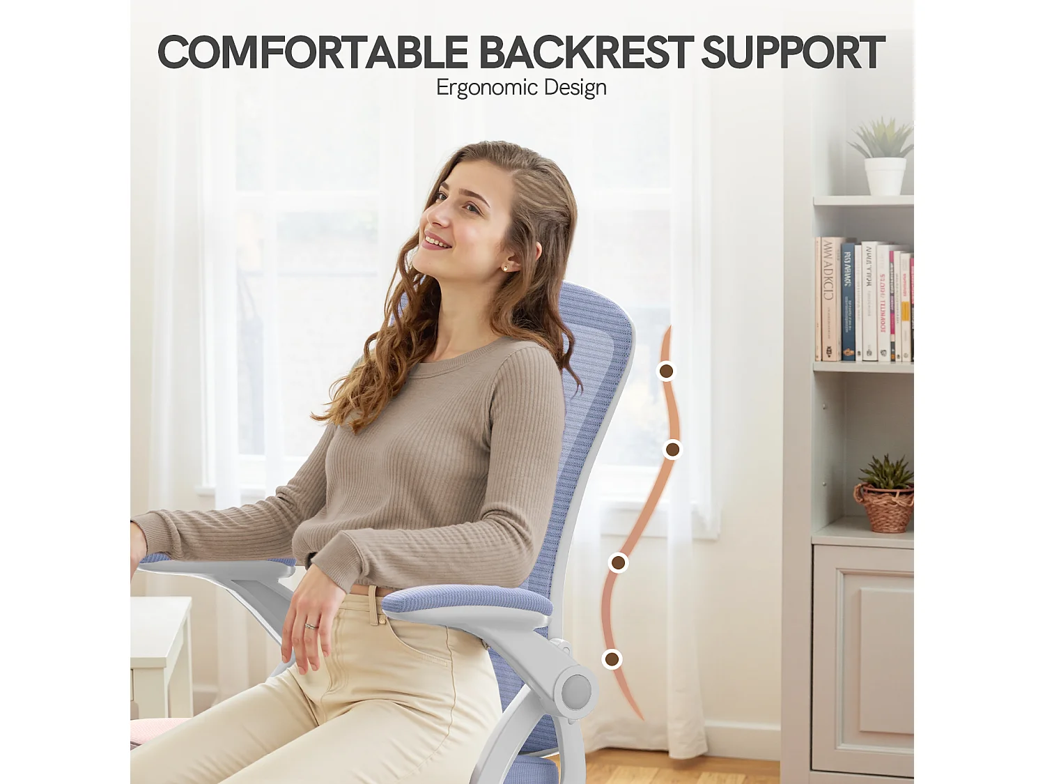 Chaise de bureau ergonomique avec accoudoirs rabattables à 90° et soutien lombaire, chaise de bureau à hauteur réglable avec coussin d'assise rembourré