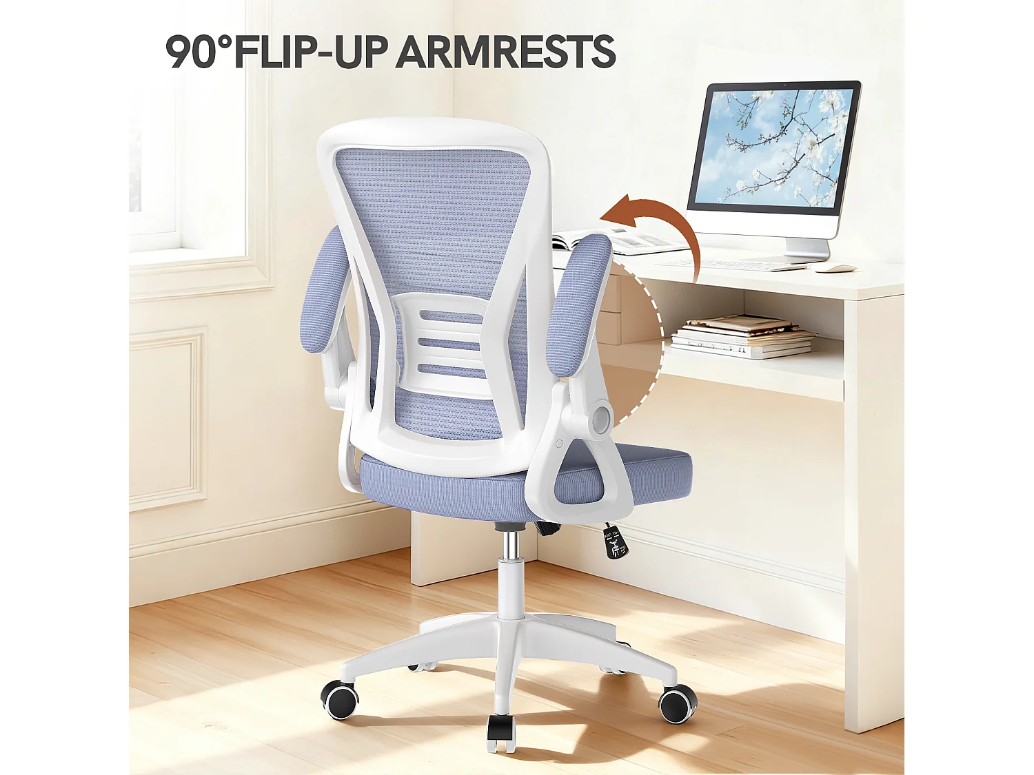 Chaise de bureau ergonomique avec accoudoirs rabattables à 90° et soutien lombaire, chaise de bureau à hauteur réglable avec coussin d'assise rembourré