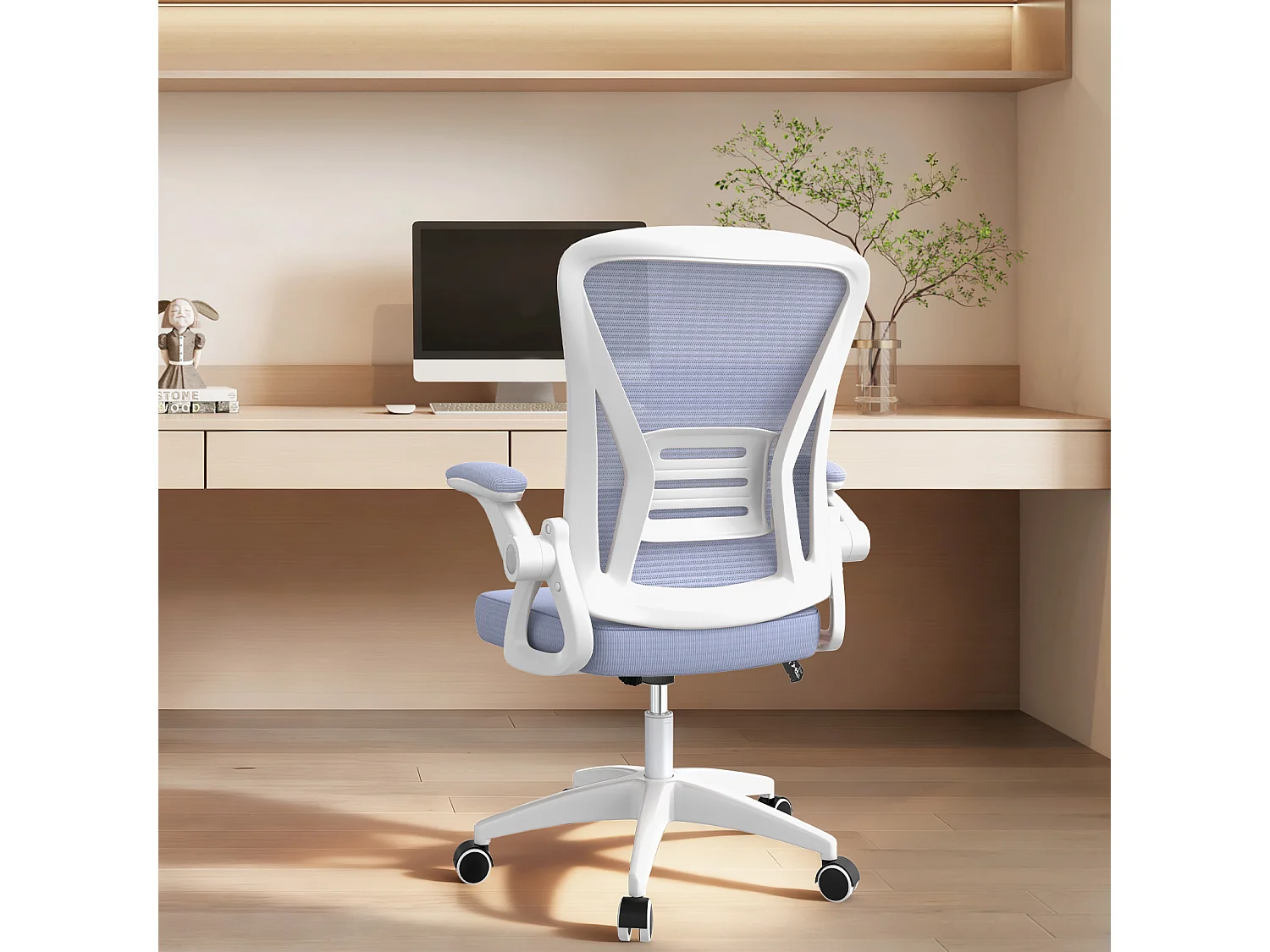 Chaise de bureau ergonomique avec accoudoirs rabattables à 90° et soutien lombaire, chaise de bureau à hauteur réglable avec coussin d'assise rembourré