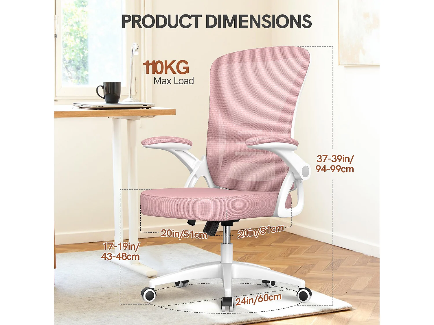 Chaise de bureau ergonomique avec accoudoirs rabattables à 90° et soutien lombaire, chaise de bureau à hauteur réglable avec coussin d'assise rembourré