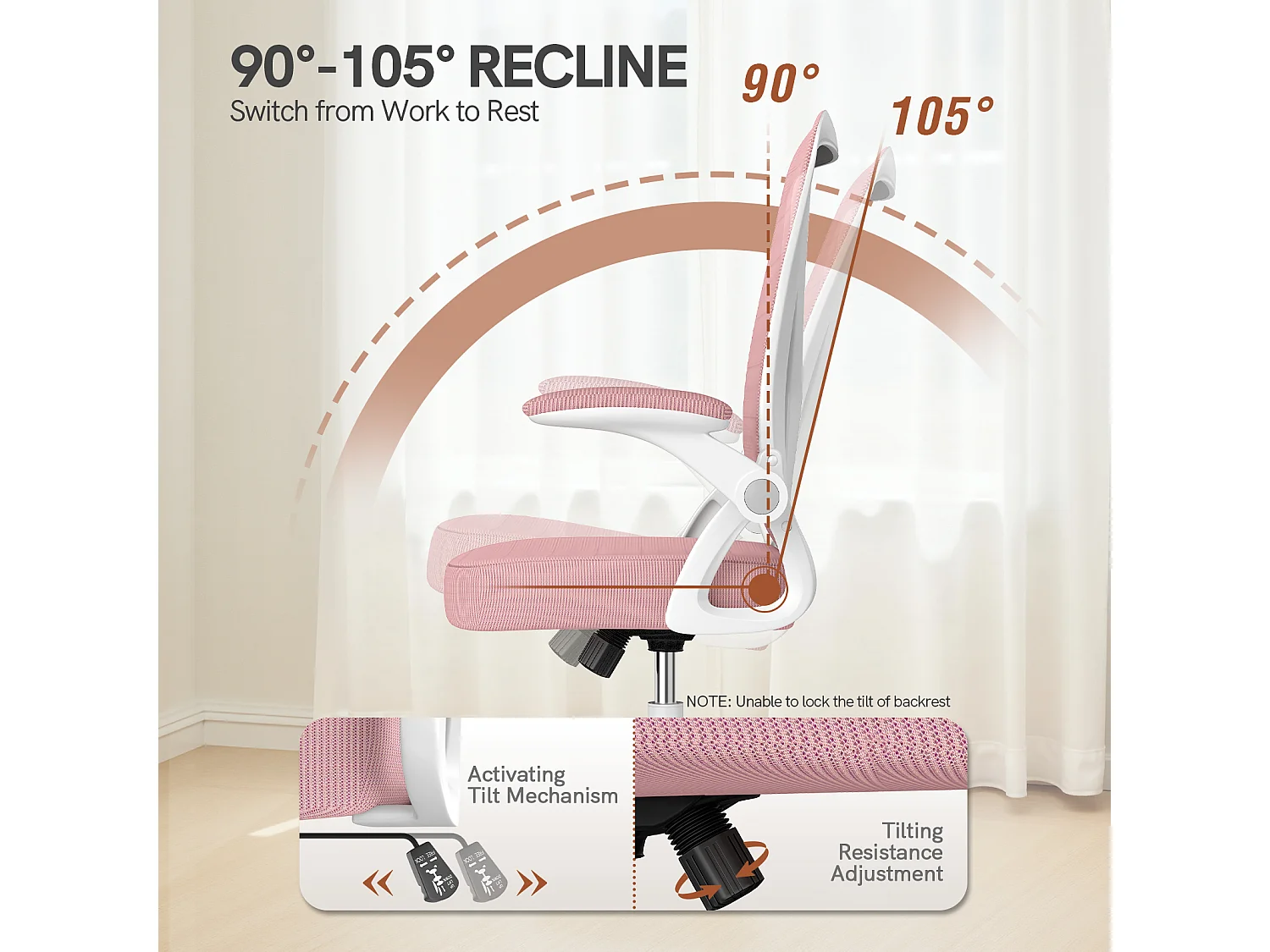 Chaise de bureau ergonomique avec accoudoirs rabattables à 90° et soutien lombaire, chaise de bureau à hauteur réglable avec coussin d'assise rembourré