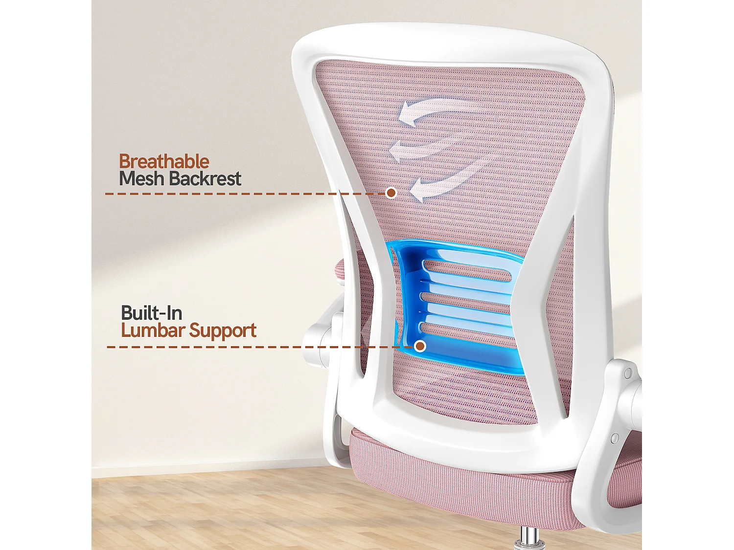 Chaise de bureau ergonomique avec accoudoirs rabattables à 90° et soutien lombaire, chaise de bureau à hauteur réglable avec coussin d'assise rembourré