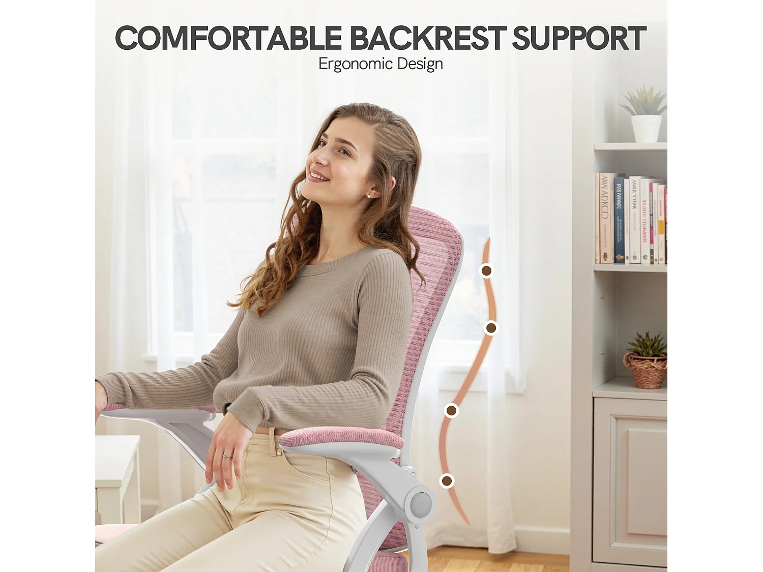 Chaise de bureau ergonomique avec accoudoirs rabattables à 90° et soutien lombaire, chaise de bureau à hauteur réglable avec coussin d'assise rembourré