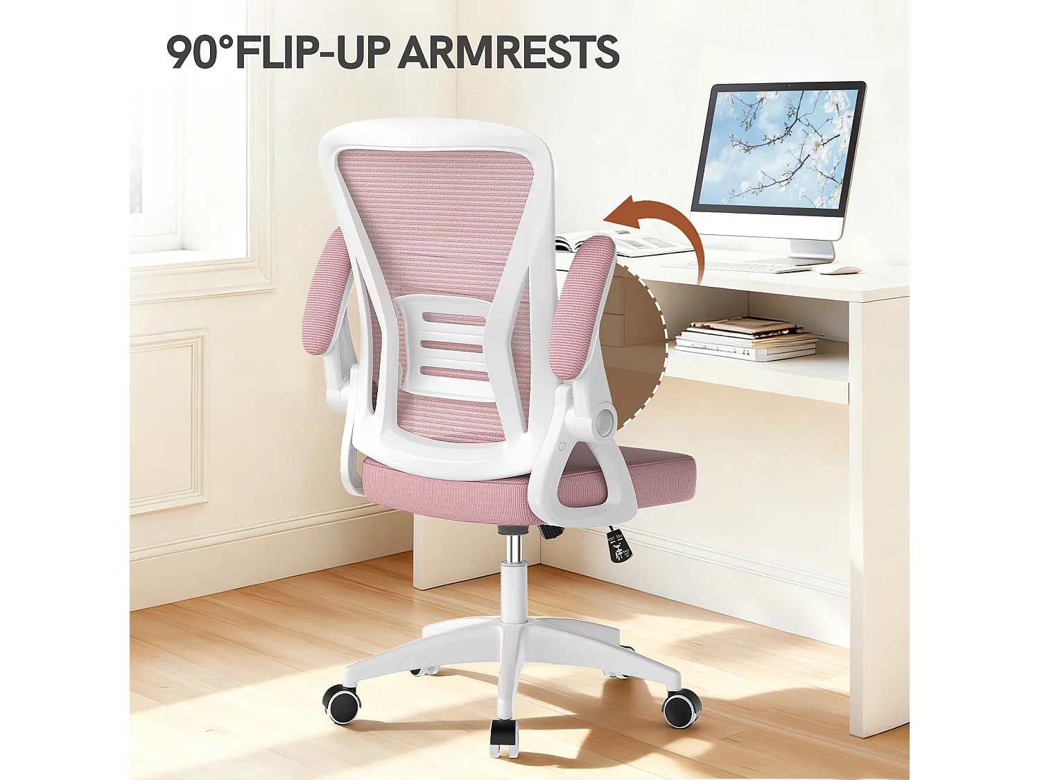 Chaise de bureau ergonomique avec accoudoirs rabattables à 90° et soutien lombaire, chaise de bureau à hauteur réglable avec coussin d'assise rembourré